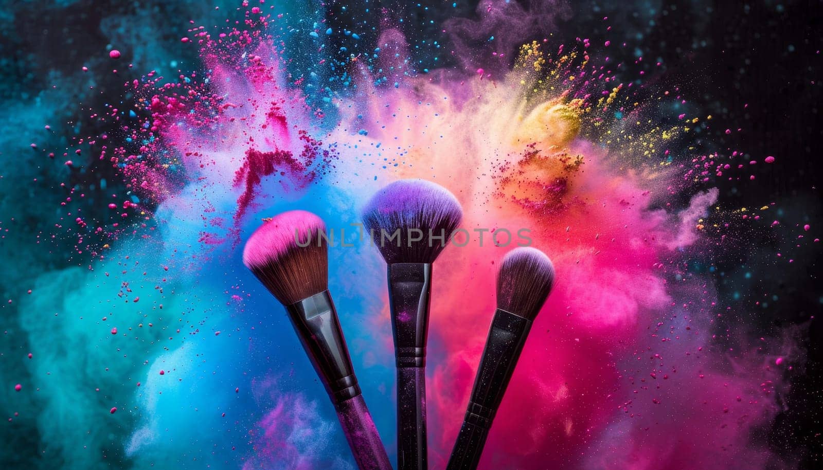 Three makeup brushes are shown in a colorful explosion of powder by AI generated image.