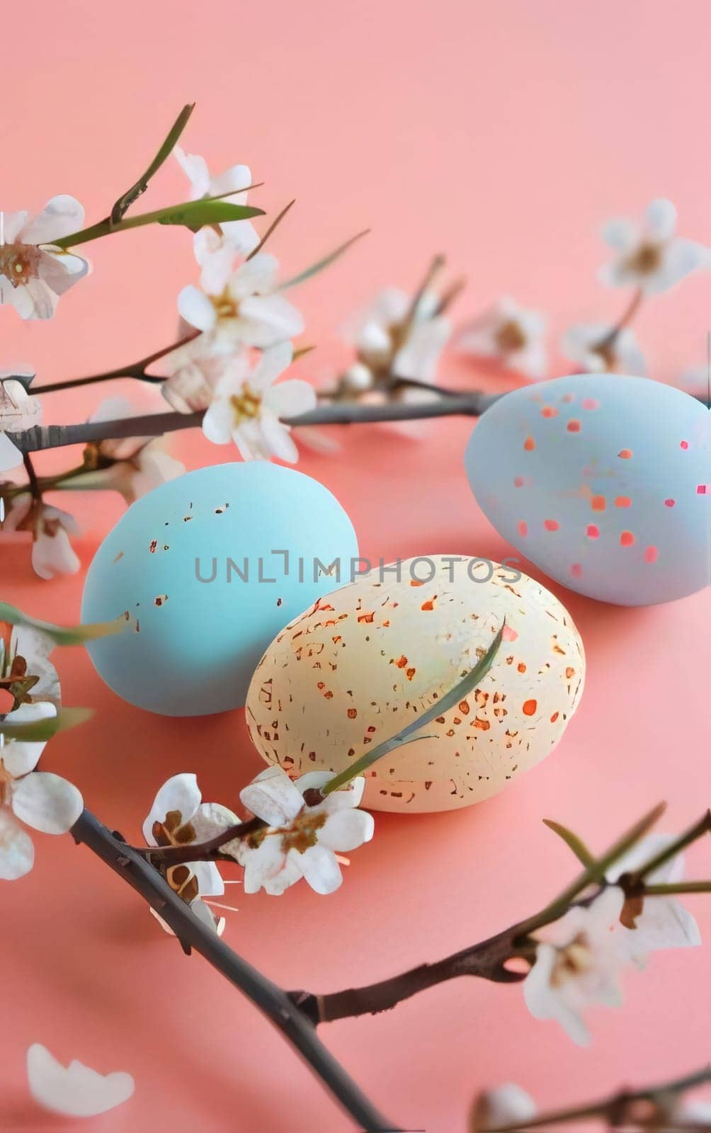 Feasts of the Lord's Resurrection: Easter eggs and spring blossom on pastel pink background.