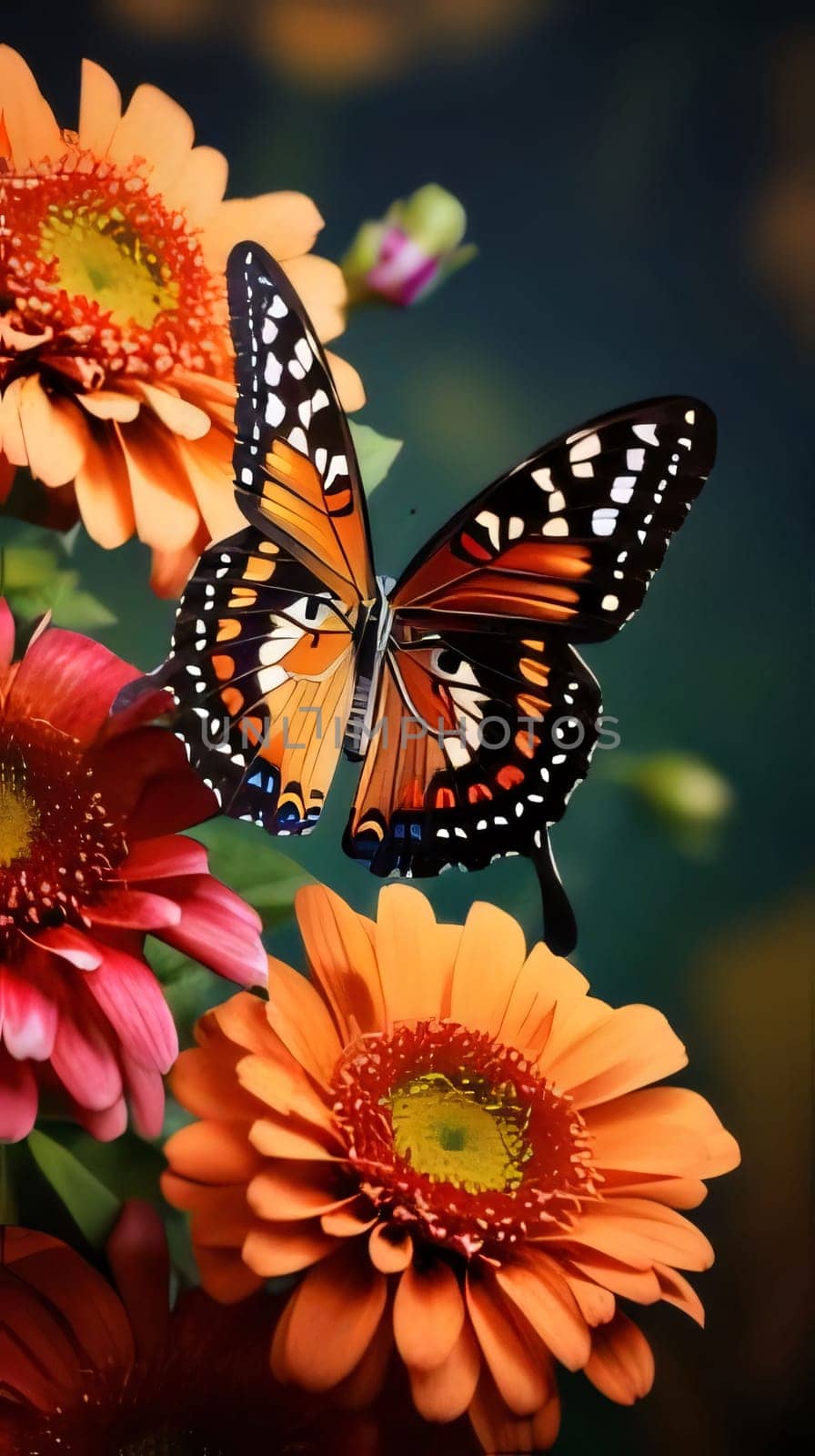 Beautiful spring illustration: Butterfly and gerbera flowers on the nature background.