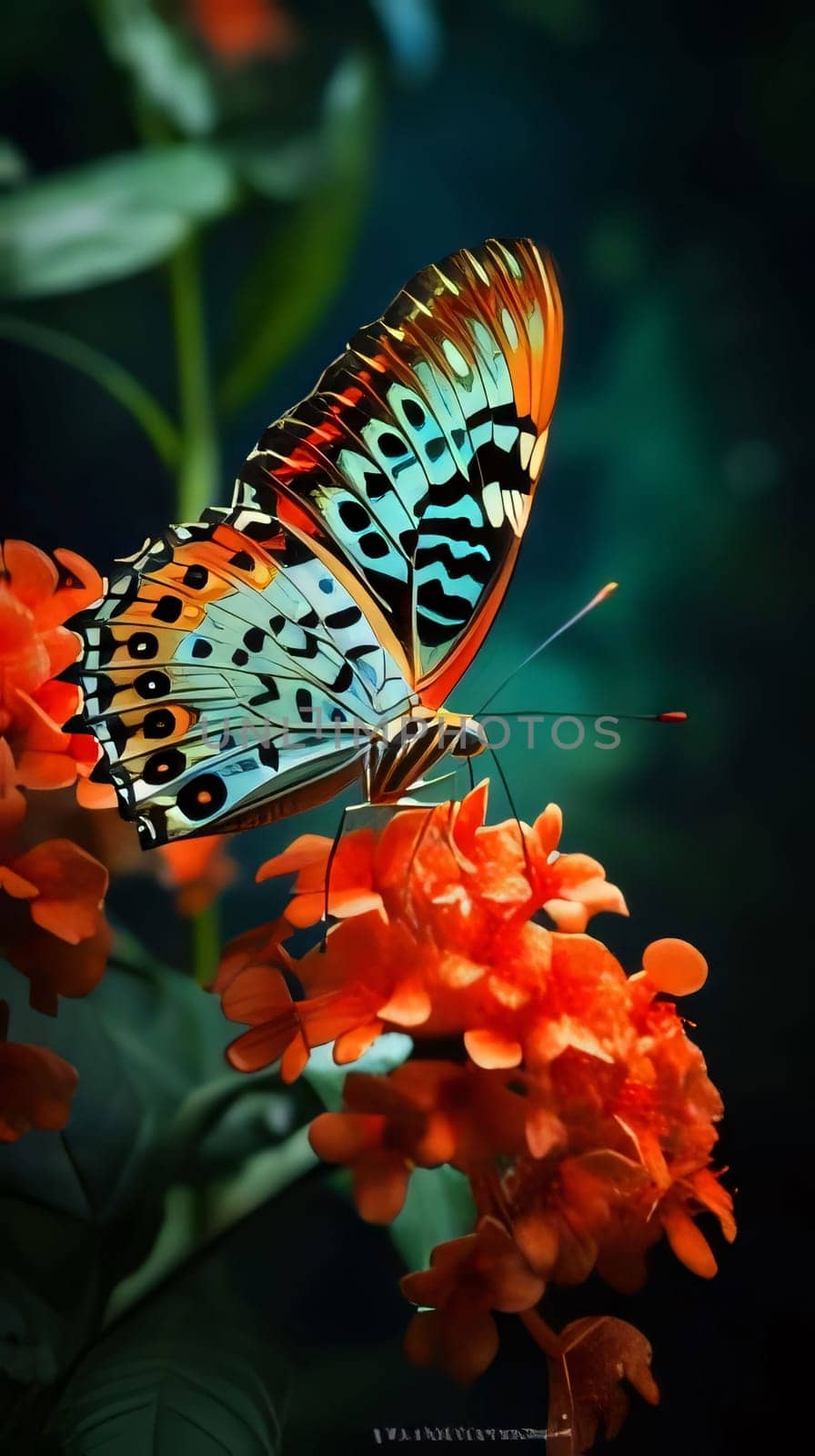 Beautiful spring illustration: Butterfly on a flower in the garden. Colorful butterfly on a flower.