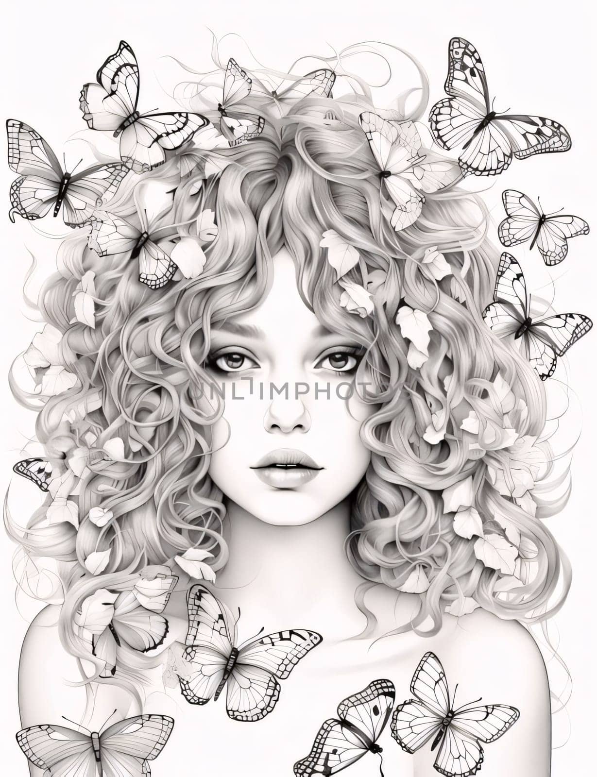 Beautiful spring illustration: Portrait of a beautiful girl with butterflies in her hair. Vector illustration.