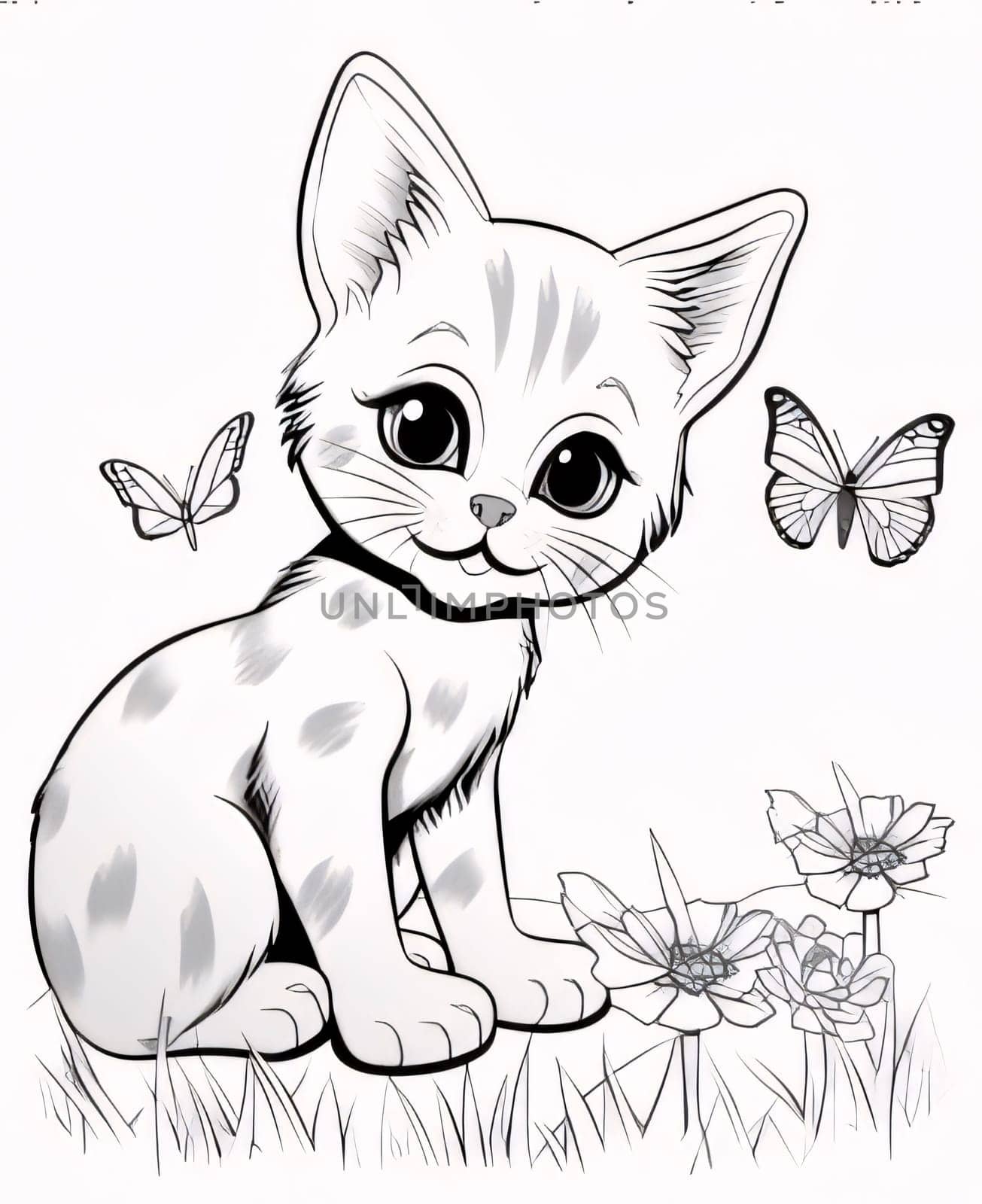 Beautiful spring illustration: Illustration of a kitten sitting in the grass with flowers and butterflies