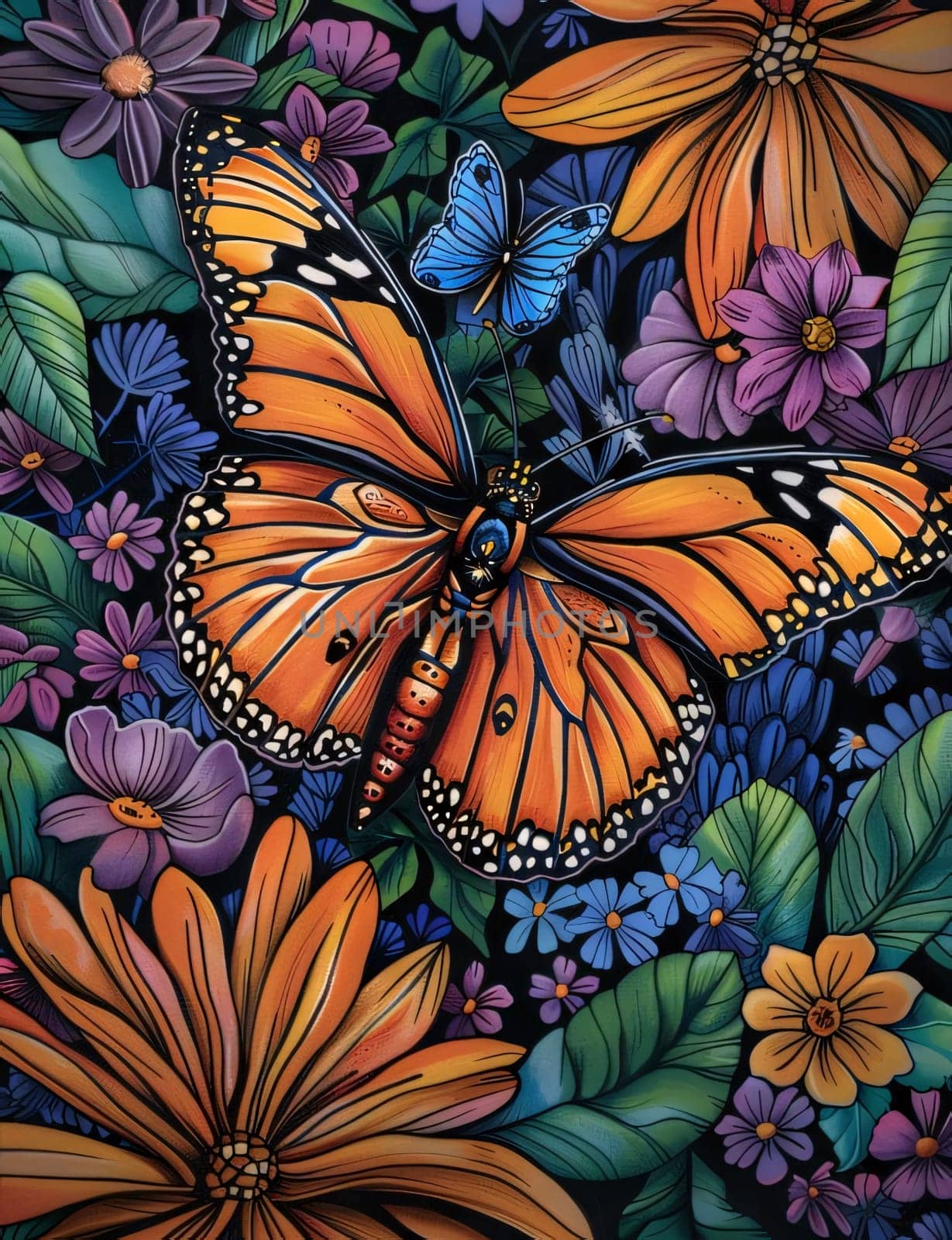 Beautiful spring illustration: Butterfly and flowers on a black background. Vector illustration.