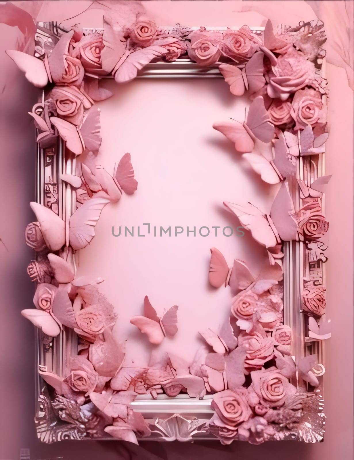 Beautiful spring illustration: Wedding picture frame with pink roses and butterflies on pink background