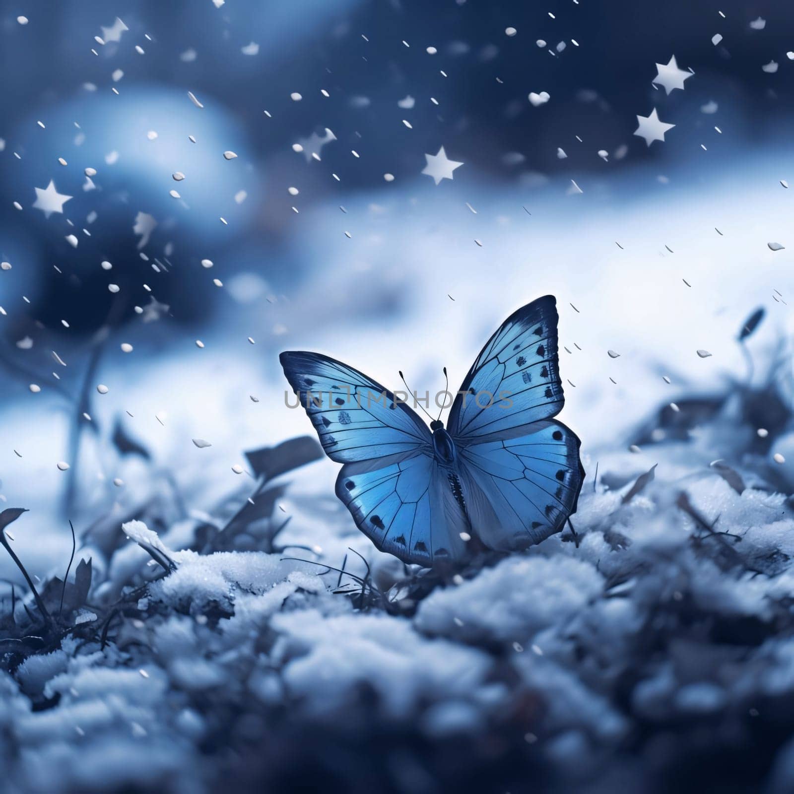 Beautiful spring illustration: Blue butterfly sitting on the snow. Nature background. Toned.