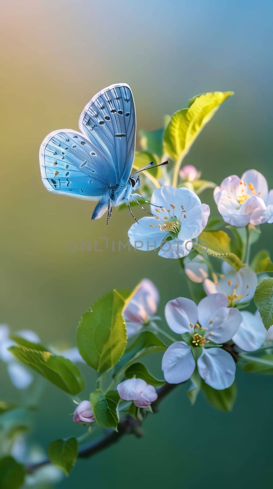 Beautiful spring illustration: butterfly on a branch of a blossoming tree in spring