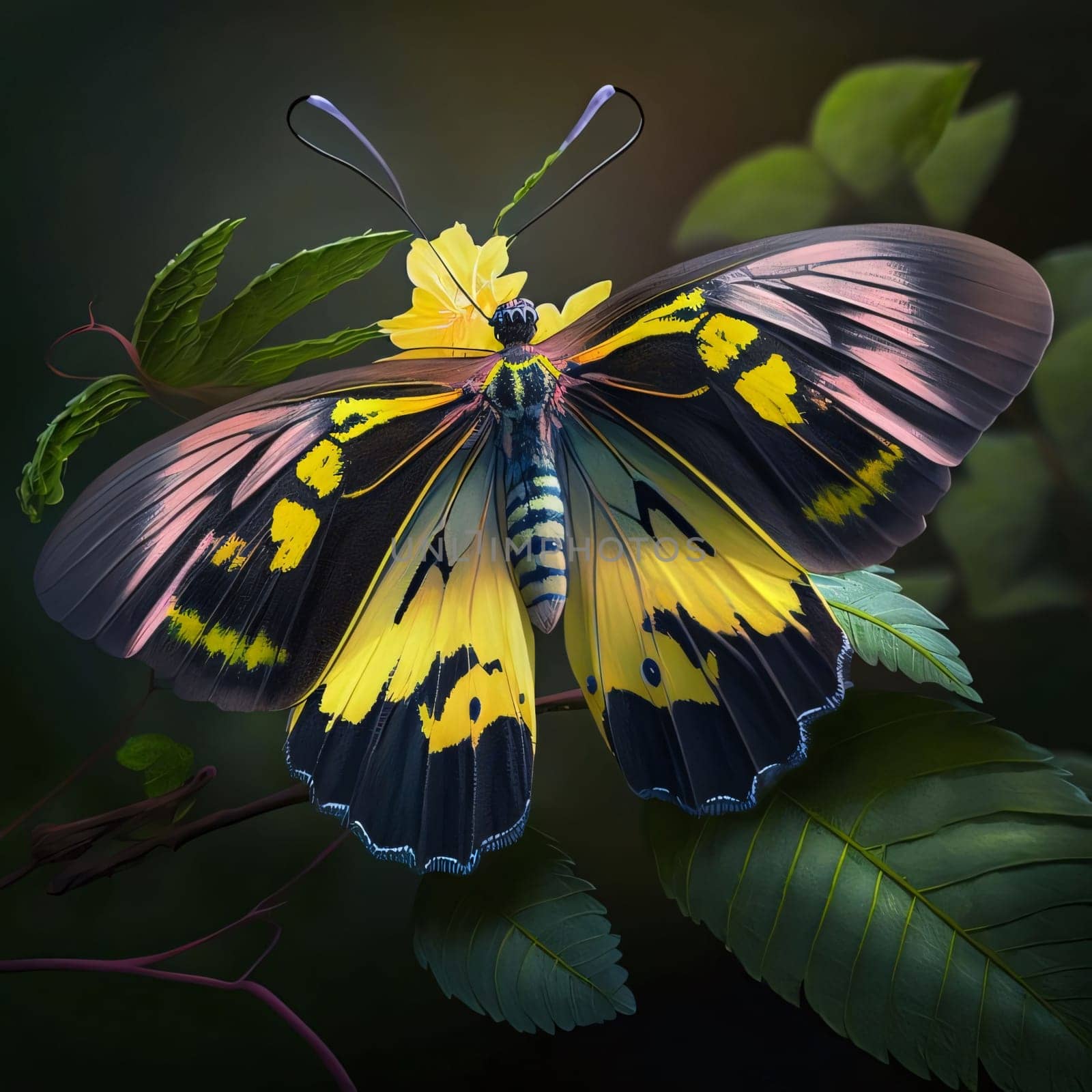 Beautiful spring illustration: Butterfly with yellow and black wings and a yellow flower.