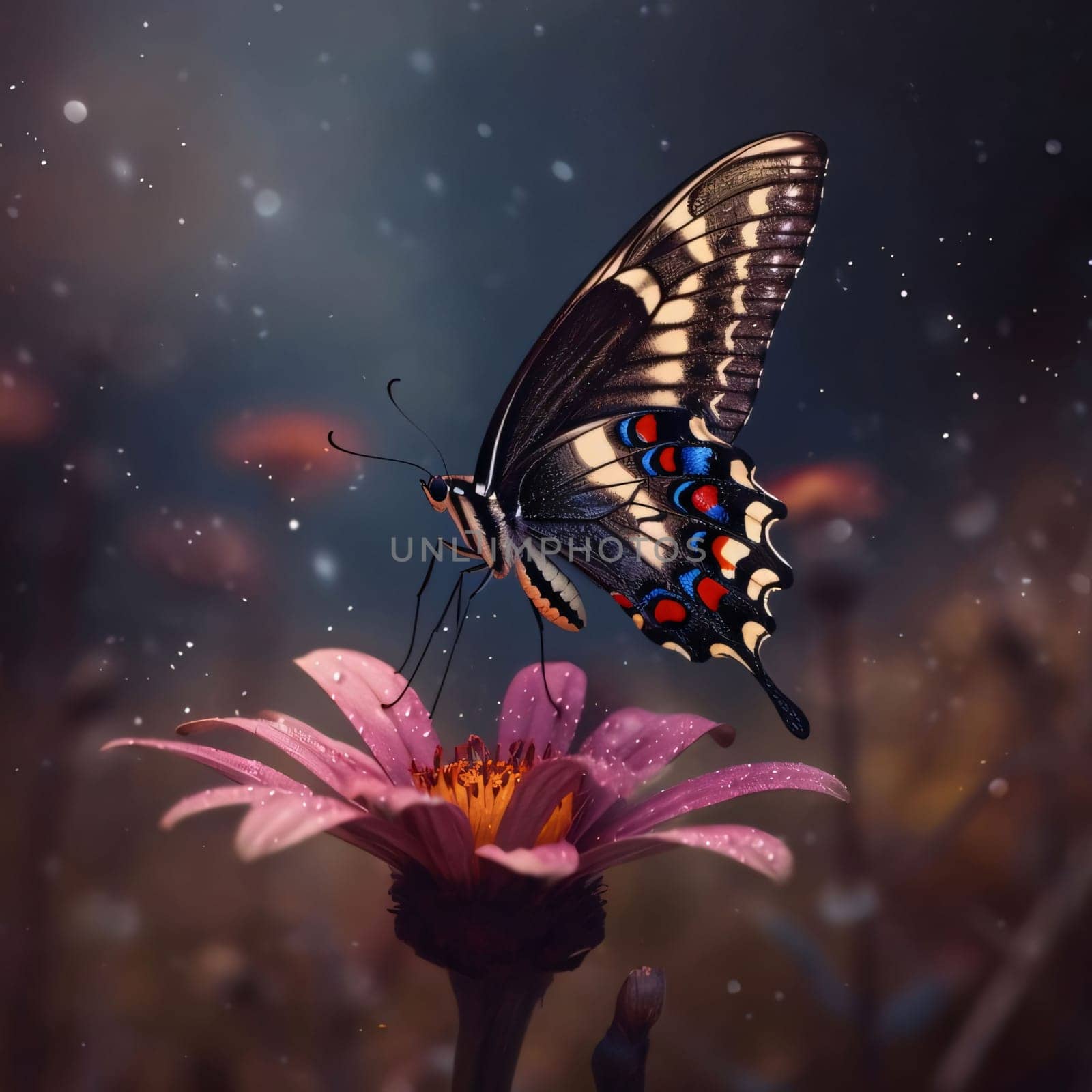 Beautiful spring illustration: Abstract background with bokeh defocused lights and stars. Space background