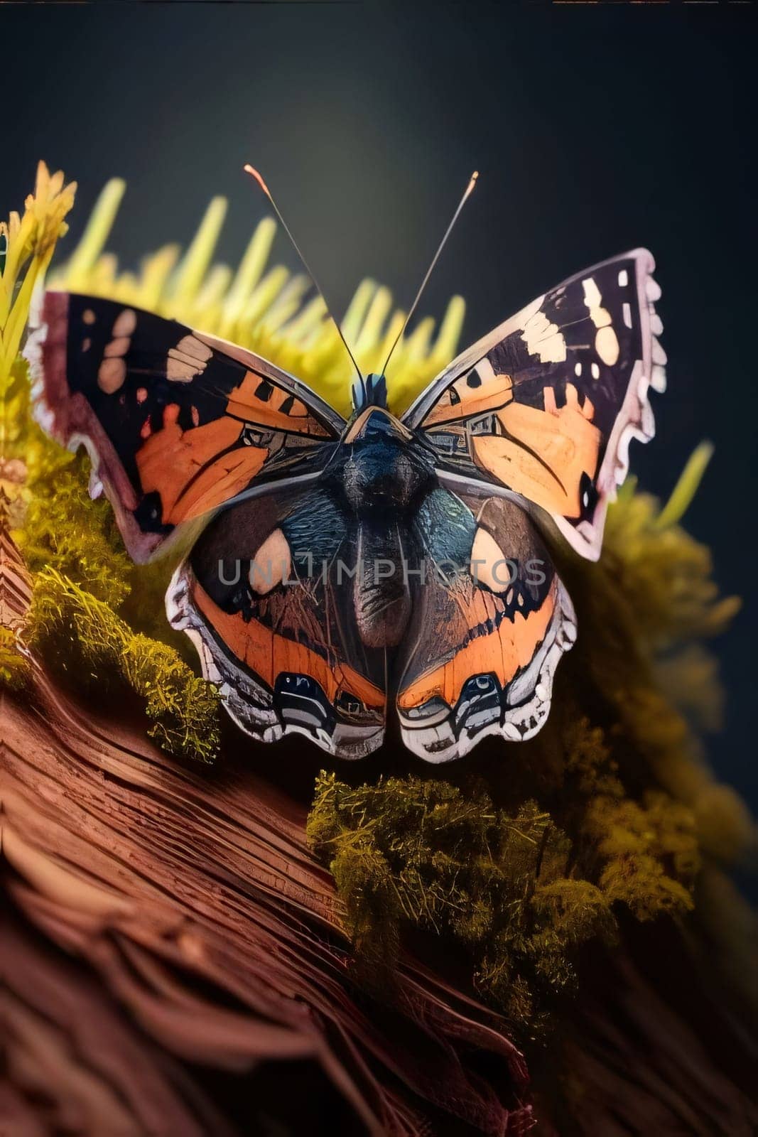 Beautiful spring illustration: Butterfly on a branch of a plant in the garden.