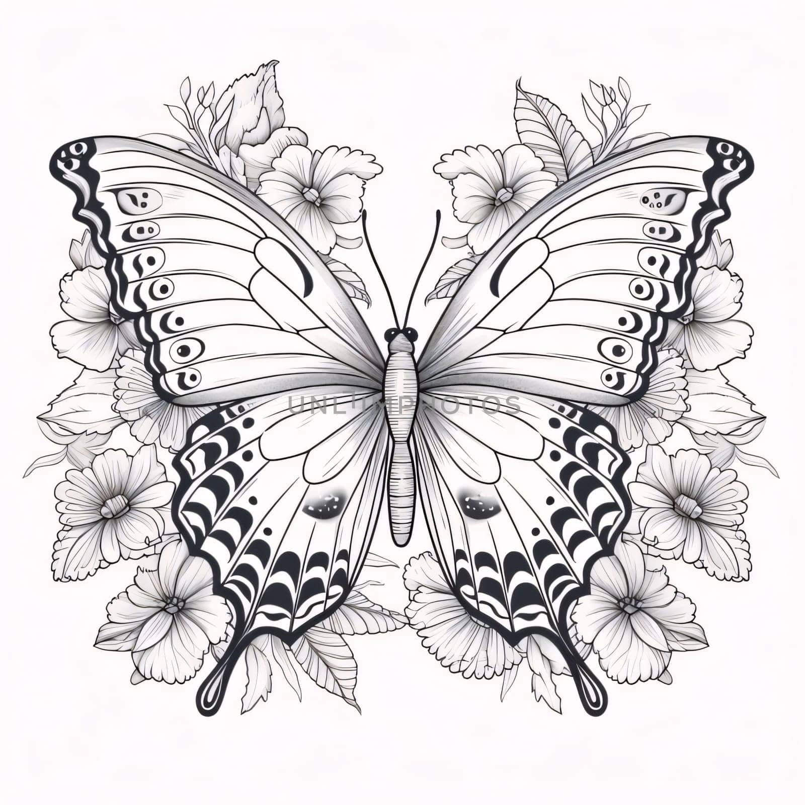 Beautiful spring illustration: Beautiful butterfly with flowers. Vector illustration. Black and white.