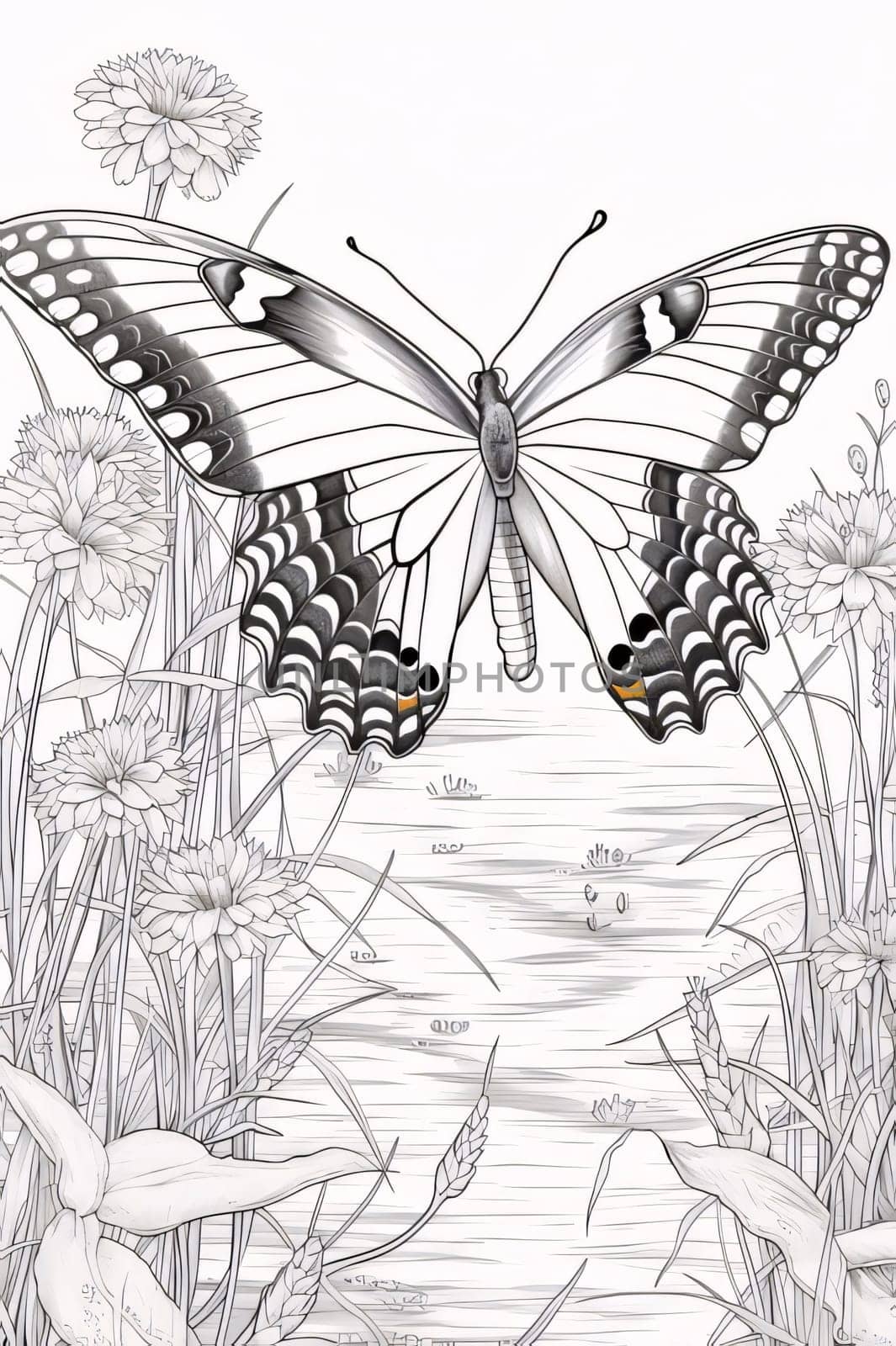 butterfly and flowers on a white background, black and white drawing by ThemesS