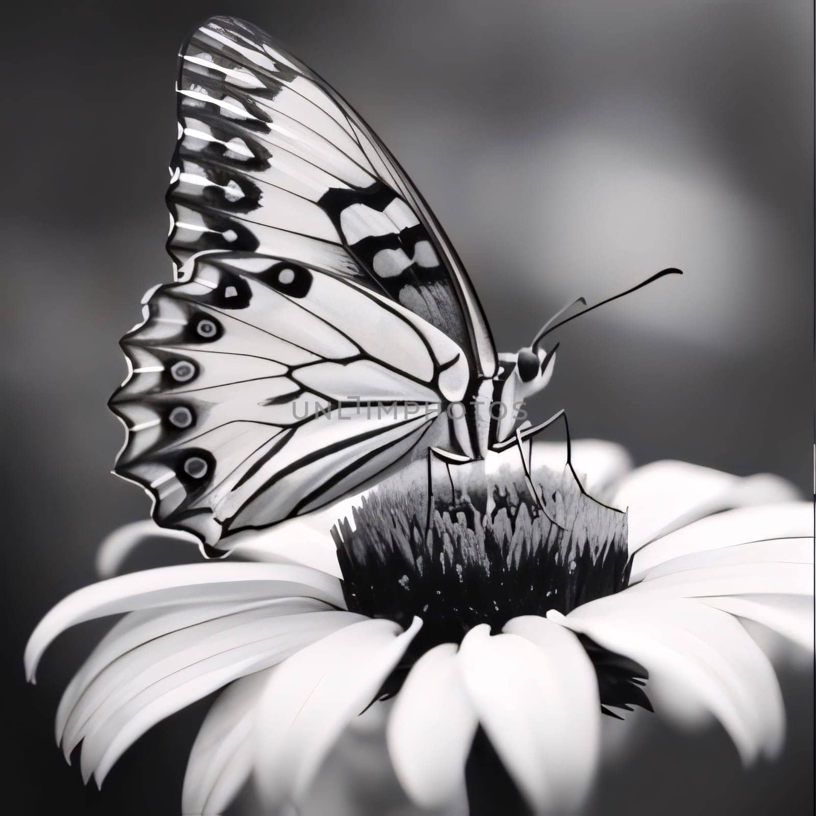 Beautiful spring illustration: Butterfly on daisy flower. Black and white photo.