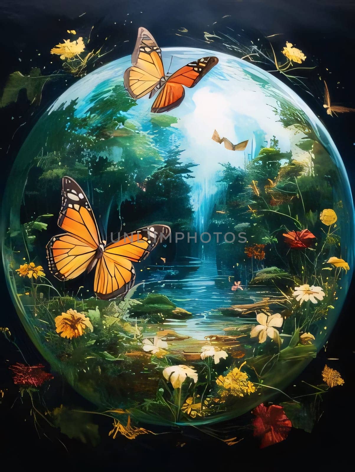 Butterflies fly around the planet in the pond. Colorful background. by ThemesS