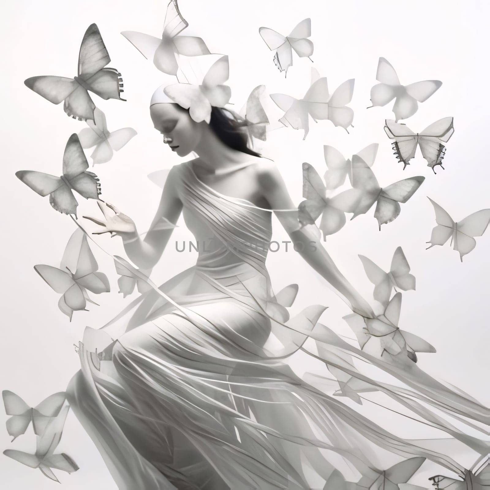 Beautiful spring illustration: Beautiful young woman in white dress surrounded by butterflies, 3d rendering