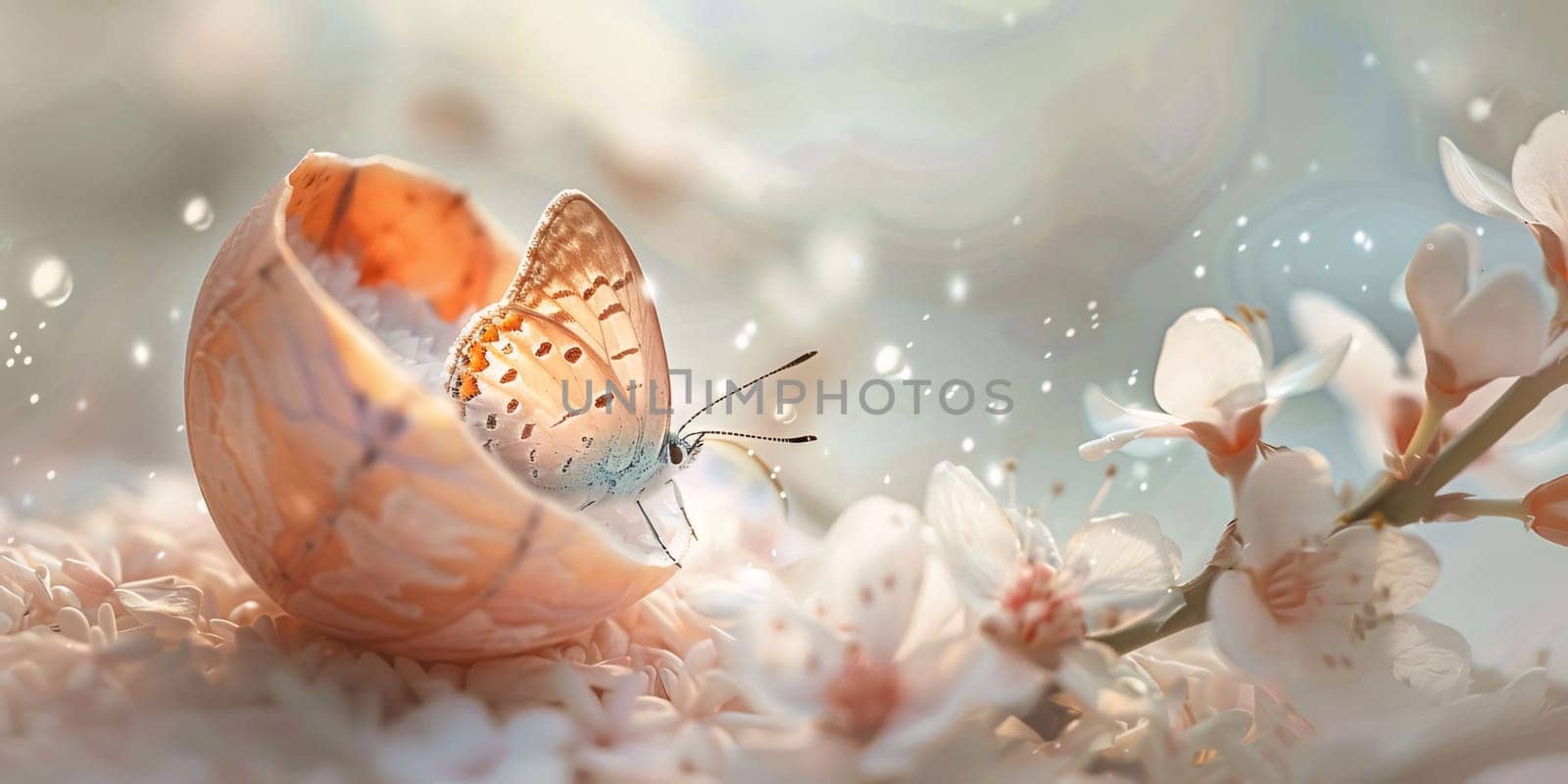 Beautiful spring illustration: Butterfly on the shell of an egg on the background of spring flowers
