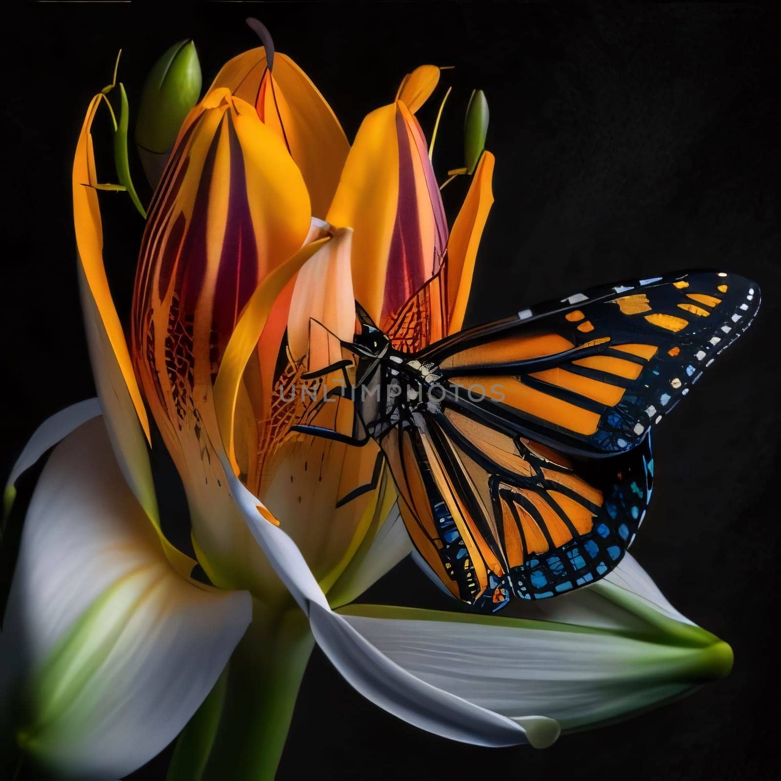 Beautiful spring illustration: Butterfly and lily flower on a black background, macro