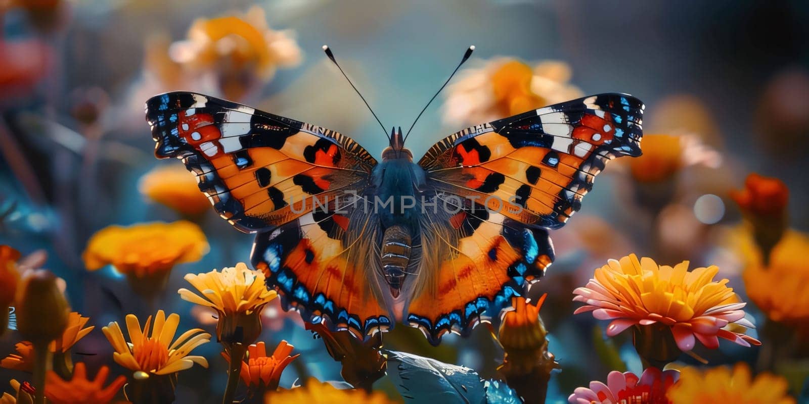 Beautiful spring illustration: Butterfly on the flower in the garden. Colorful background.