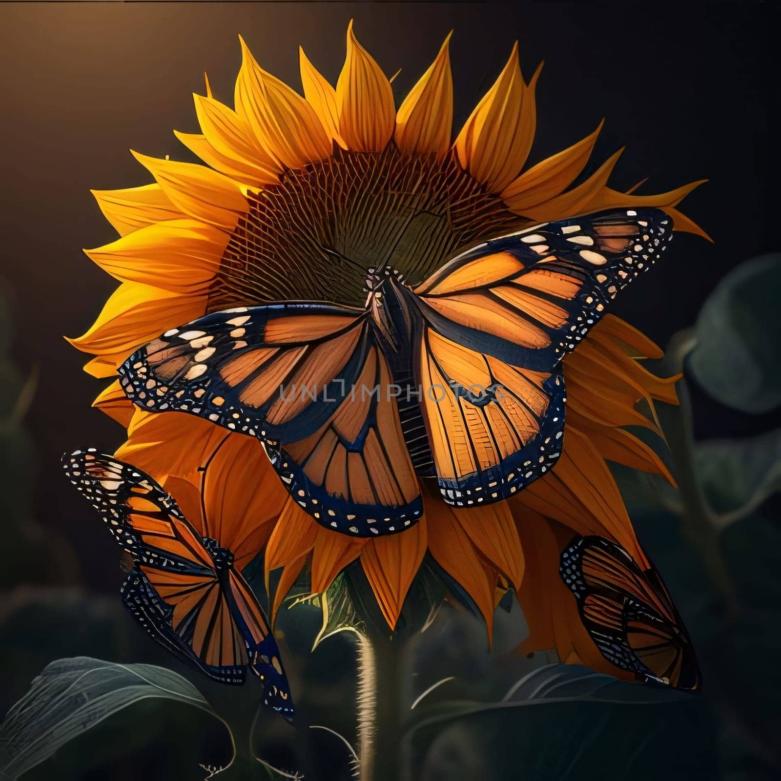 Abstract illustration: Sunflower and butterfly on black background. This is a 3d render illustration