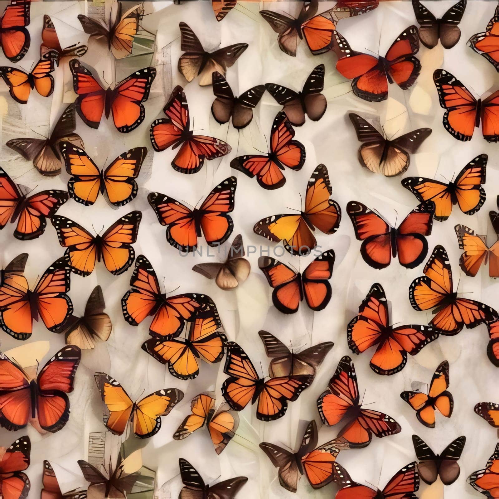 Beautiful spring illustration: Beautiful background made of red and orange butterflies on white paper.