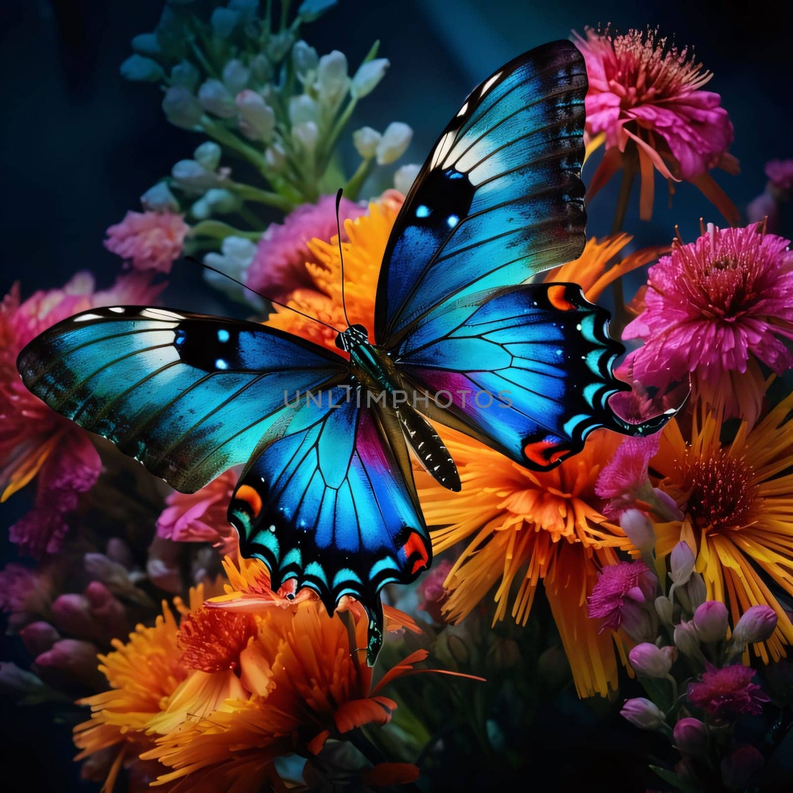 Beautiful spring illustration: Butterfly and flowers in a vase on a dark background