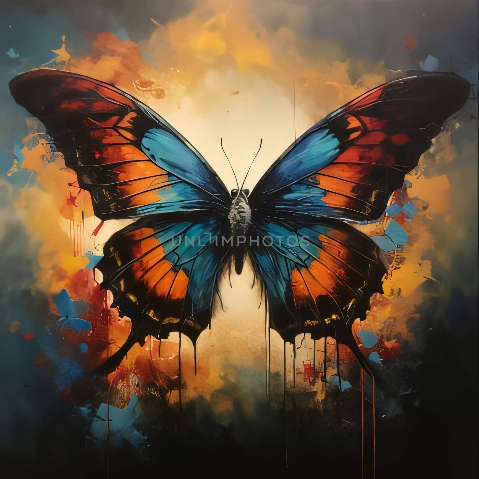 Beautiful spring illustration: Butterfly on abstract colorful background. Digital painting. Illustration.