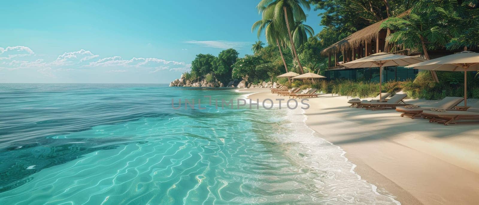 A beach scene with two lounge chairs on the sand by AI generated image.