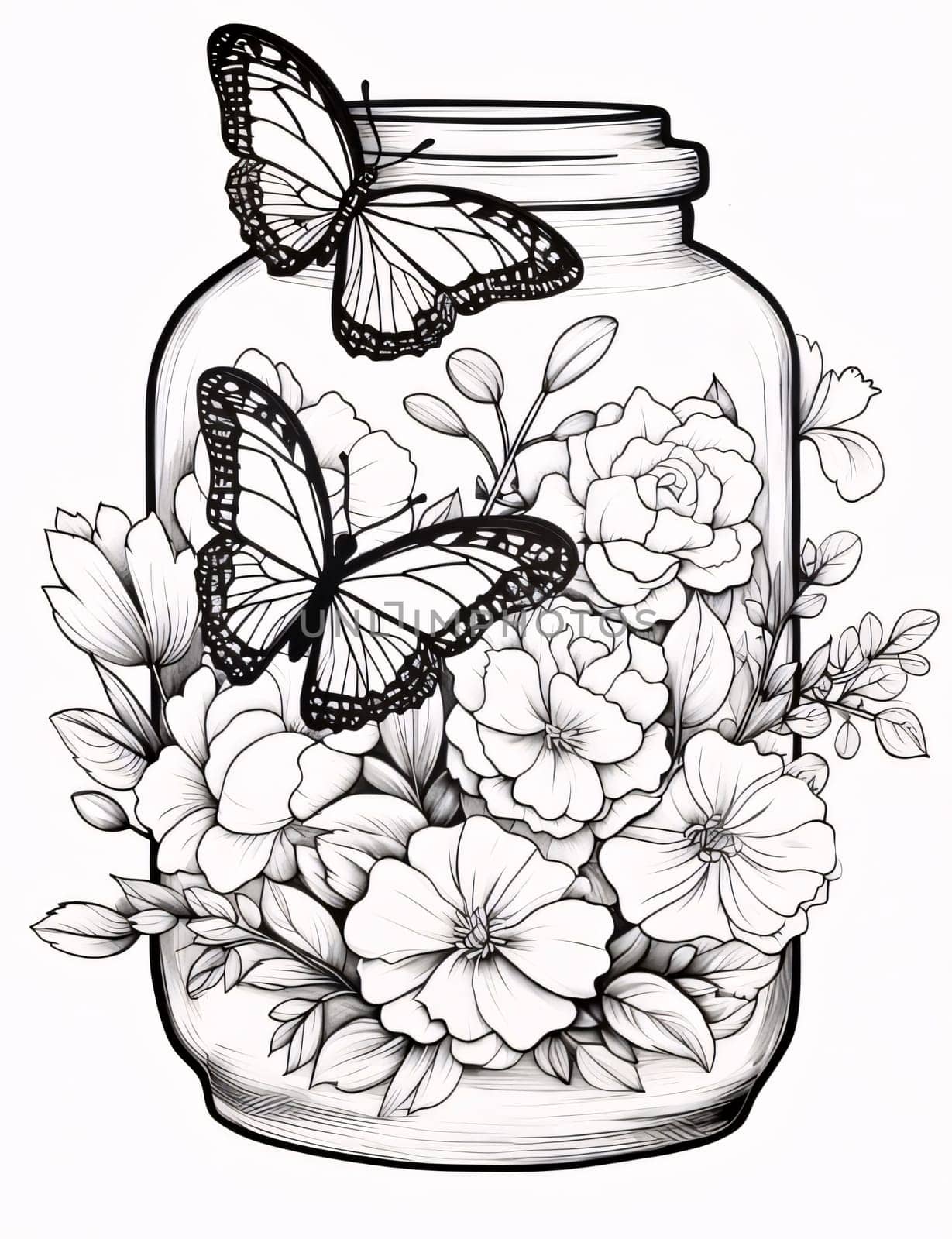 Beautiful spring illustration: Monochrome vector illustration of a jar with flowers and butterflies.