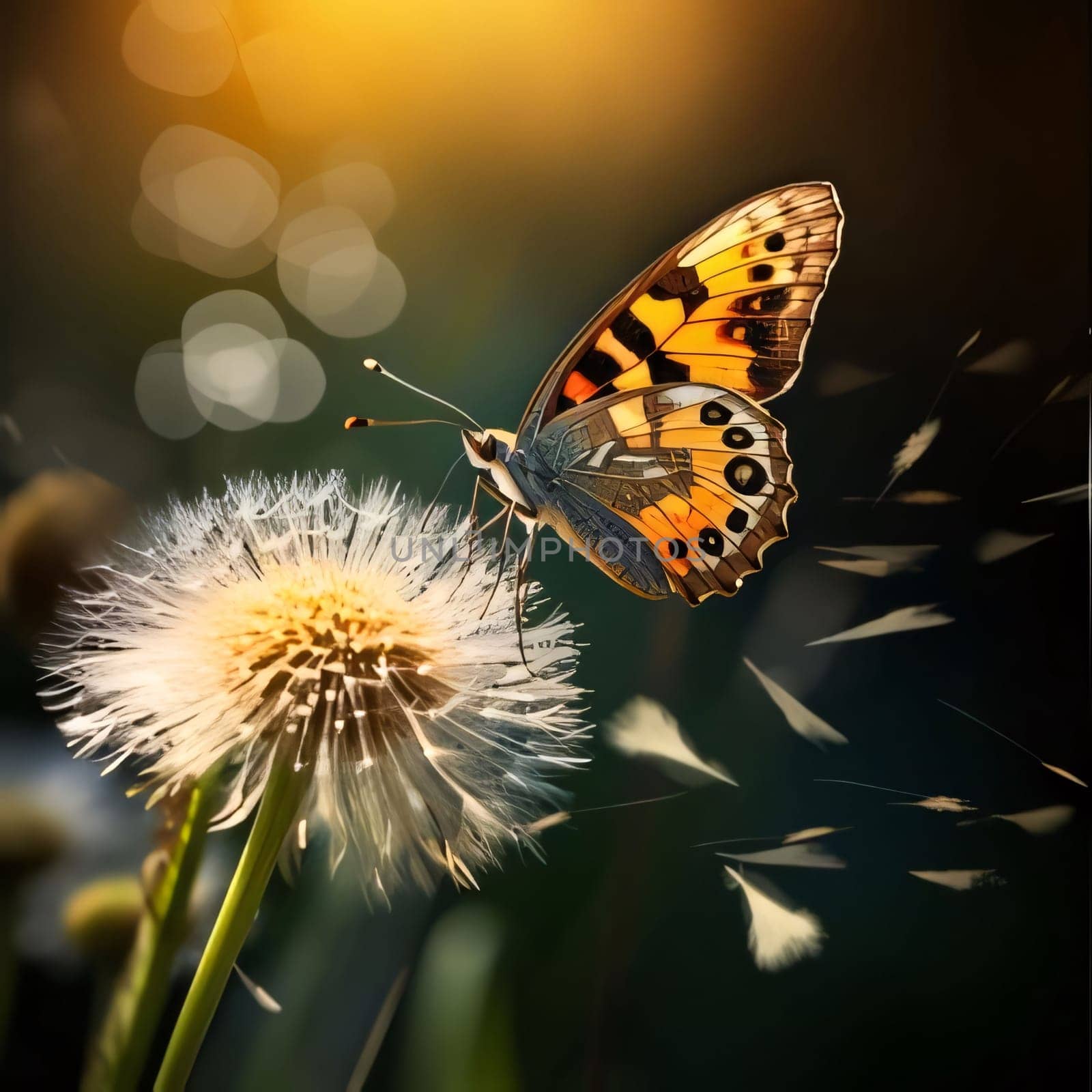 Beautiful spring illustration: Butterfly sitting on dandelion flower in the meadow