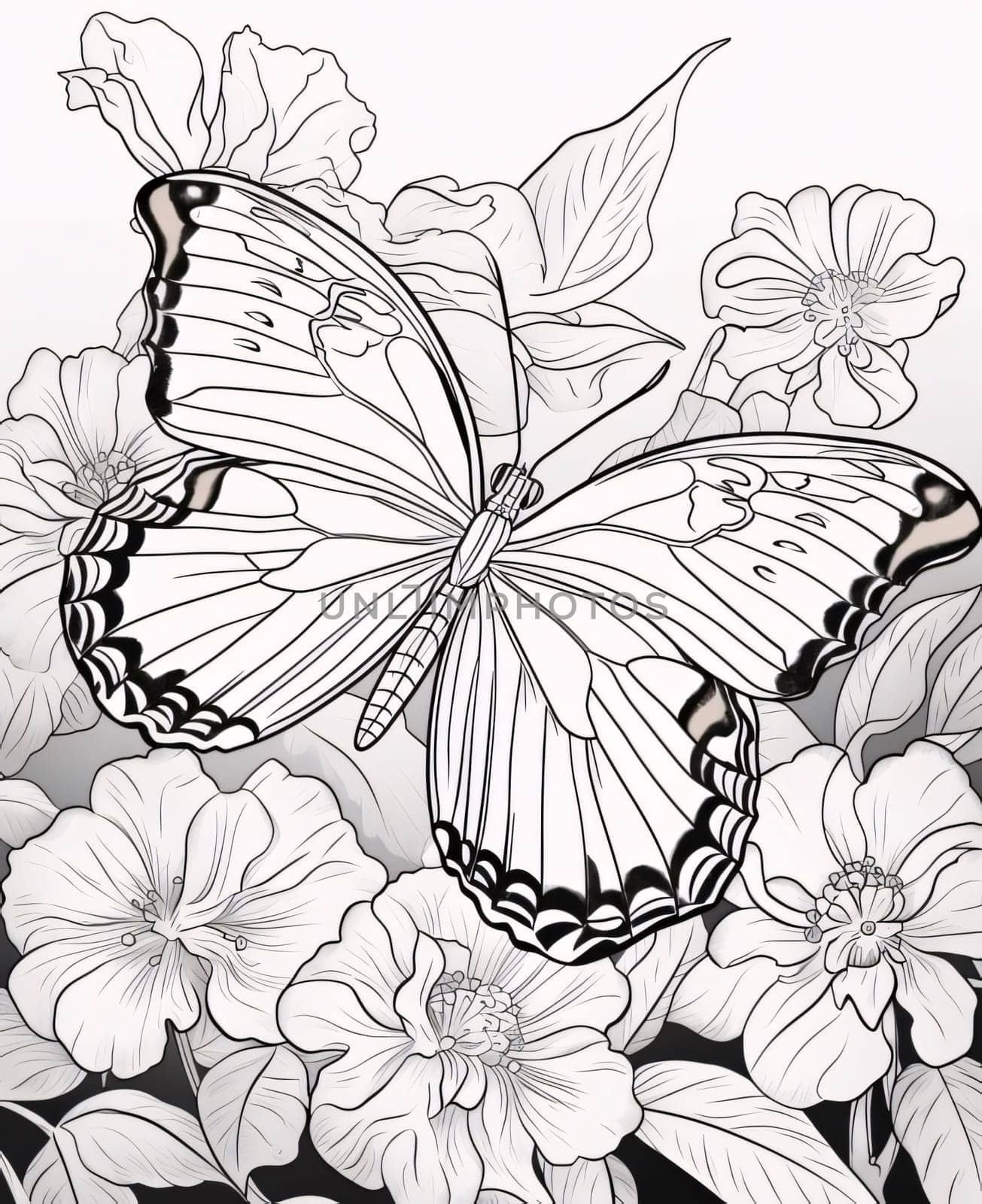 Beautiful spring illustration: butterfly and flowers on a black and white background. vector illustration