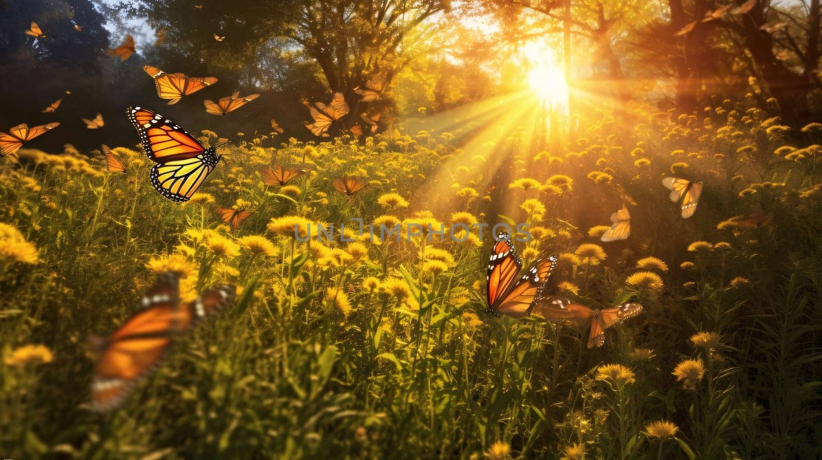 Abstract illustration: Butterflies on dandelion meadow in the sunlight.