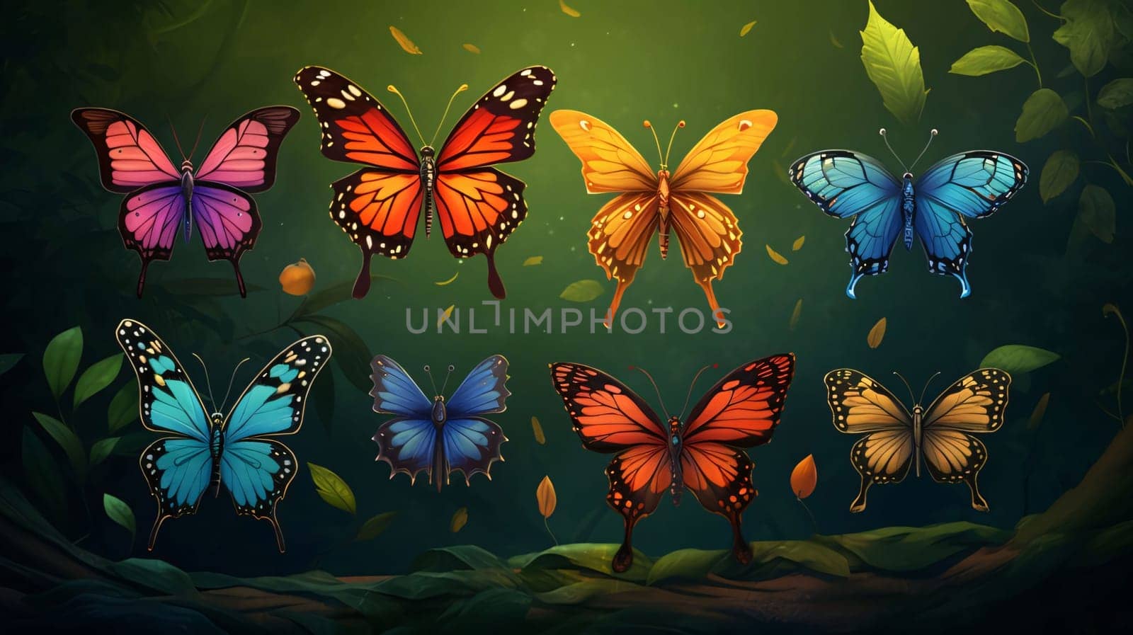 Beautiful spring illustration: Colorful butterflies on a green background.