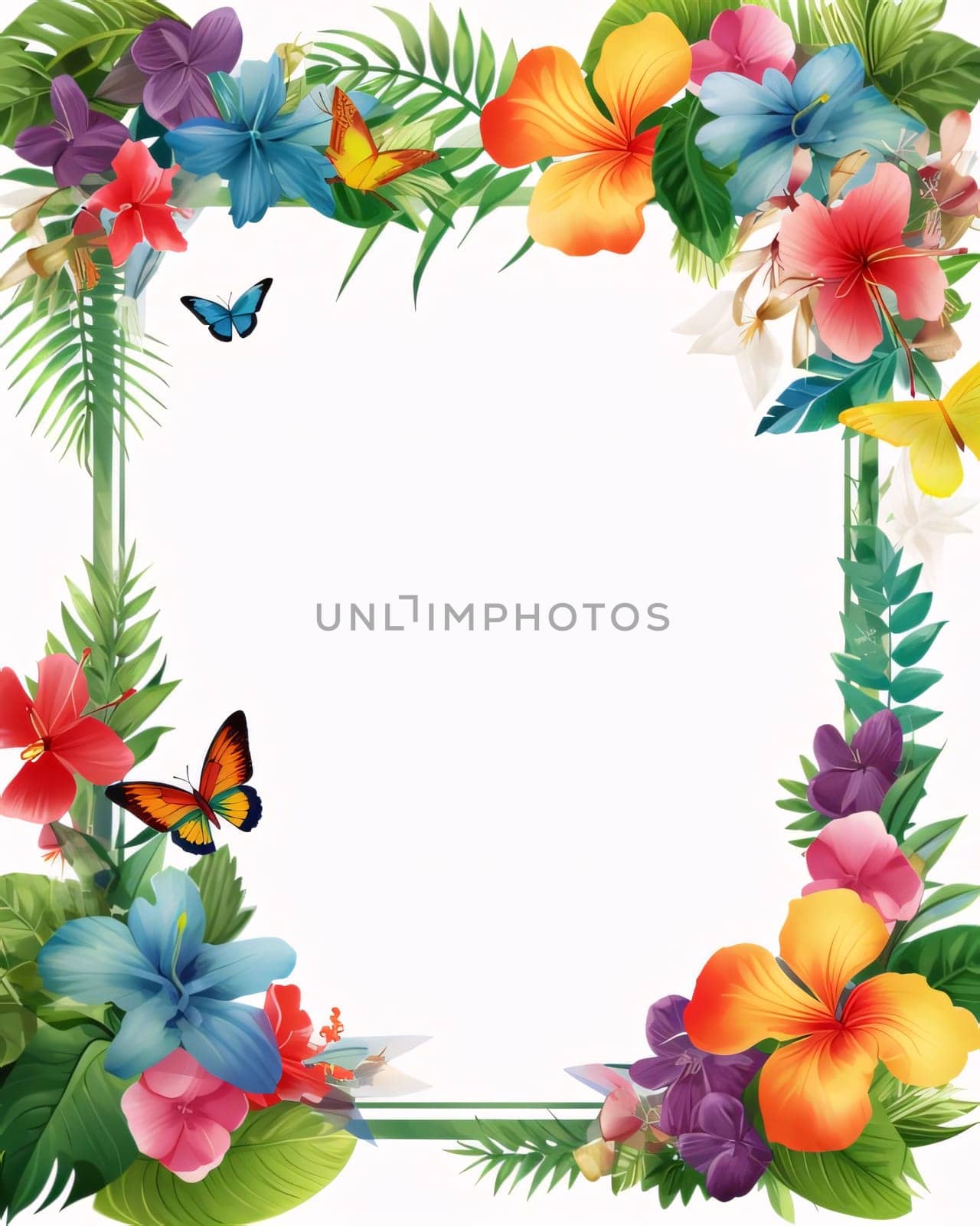 Beautiful spring illustration: Tropical frame with flowers and butterflies on a white background.