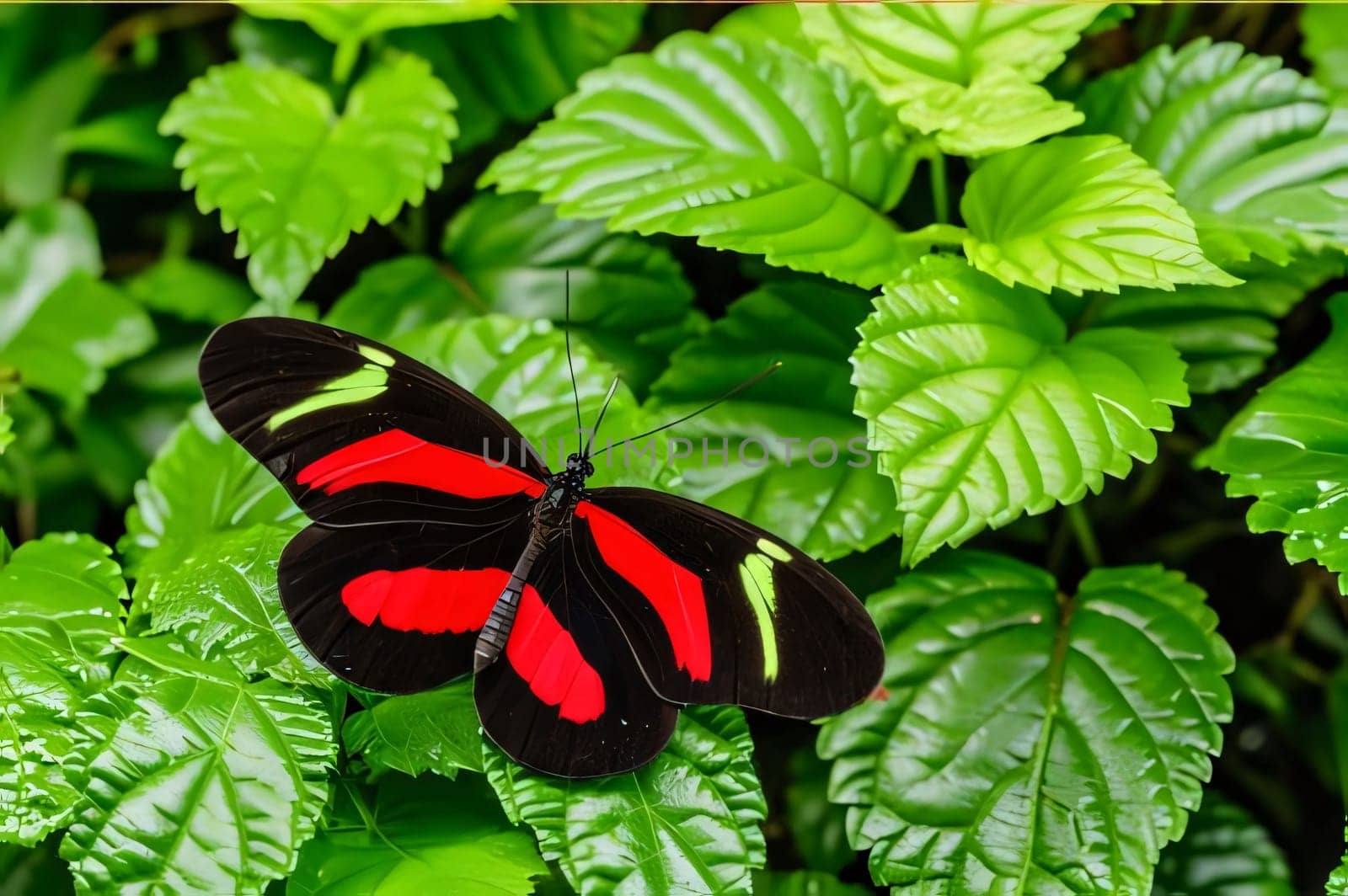 Beautiful spring illustration: Beautiful tropical butterfly on green leaf background. Red and black butterfly on green leaf.