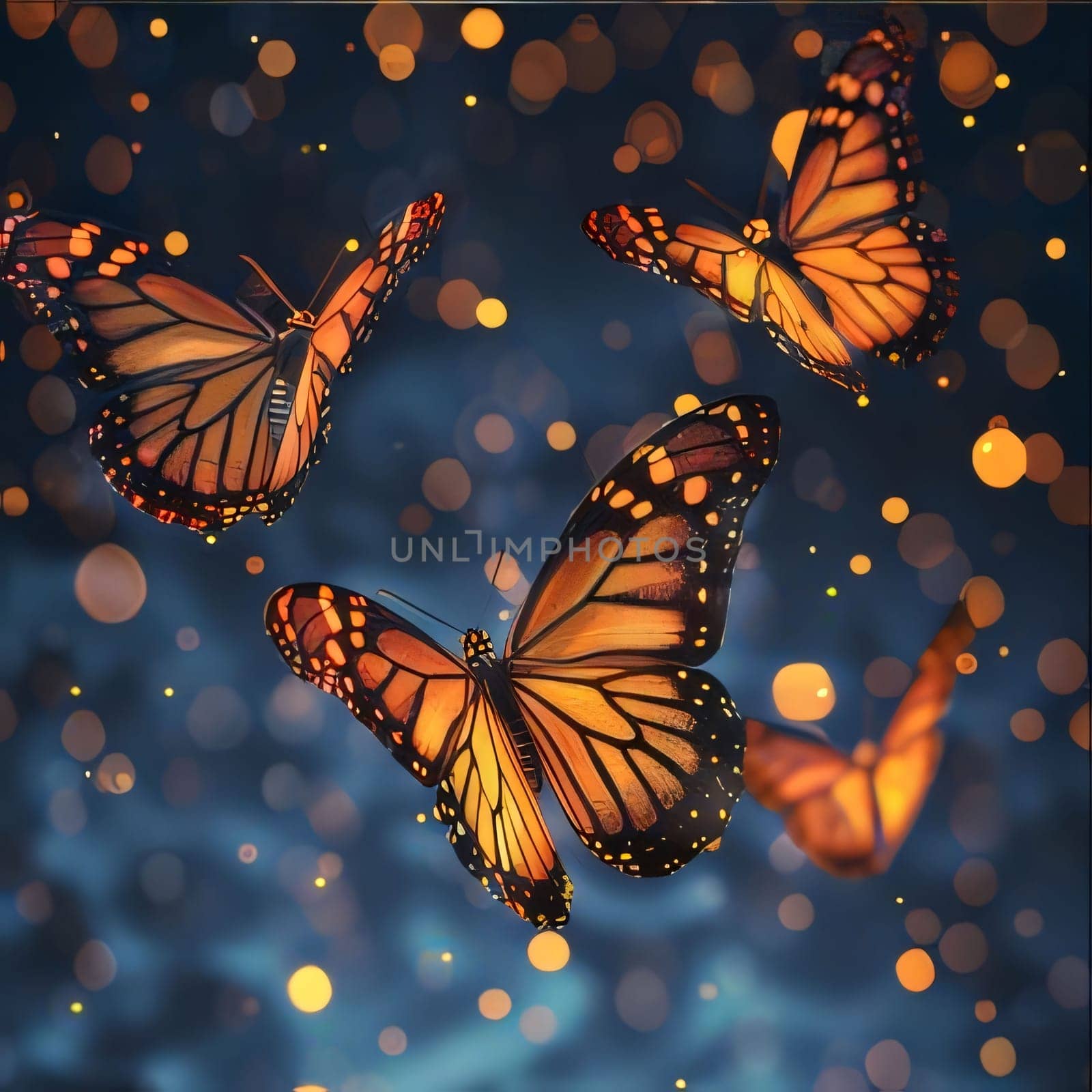Beautiful spring illustration: Beautiful monarch butterfly on bokeh background. Digital illustration.
