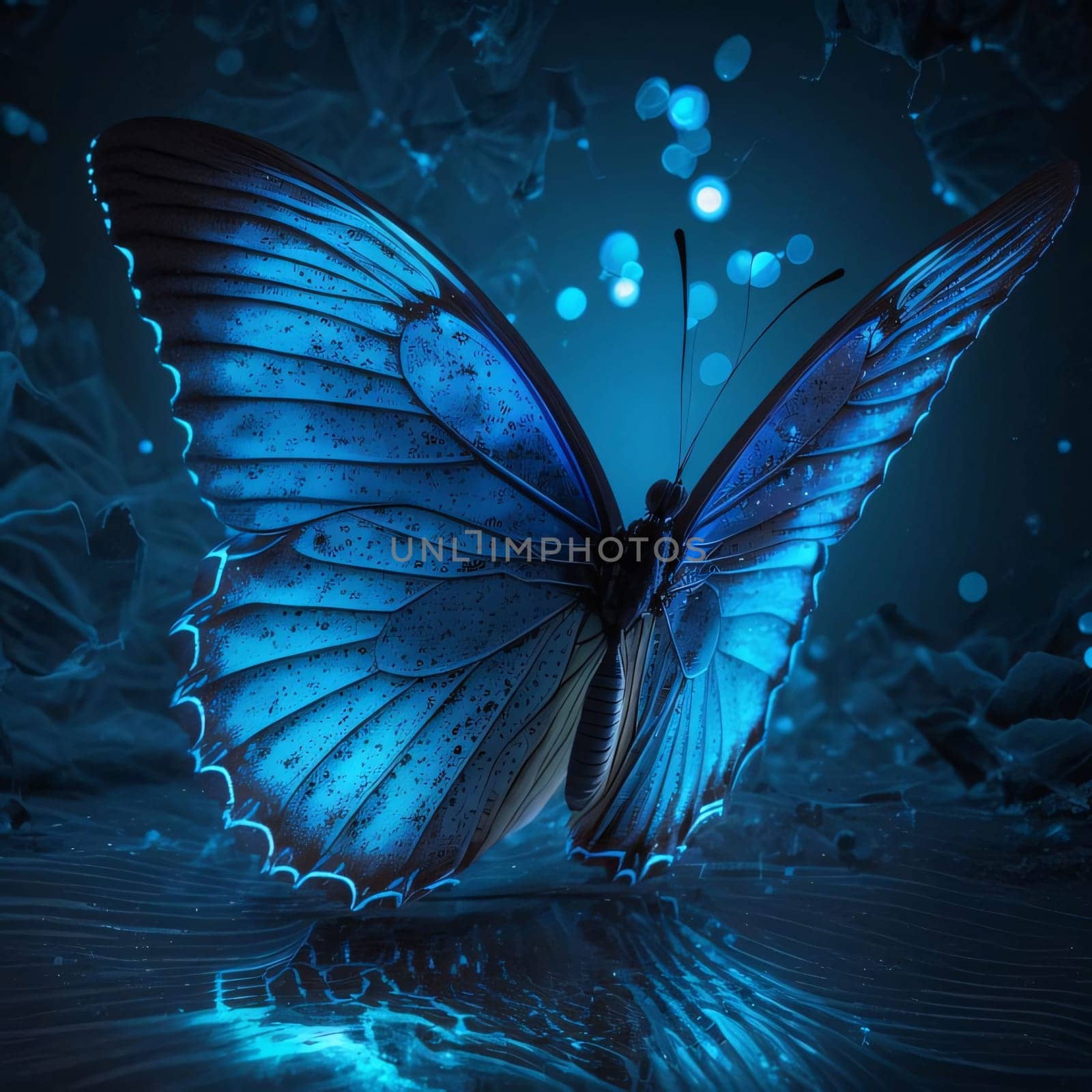 Beautiful spring illustration: Blue butterfly on abstract background with bokeh effect. 3d render