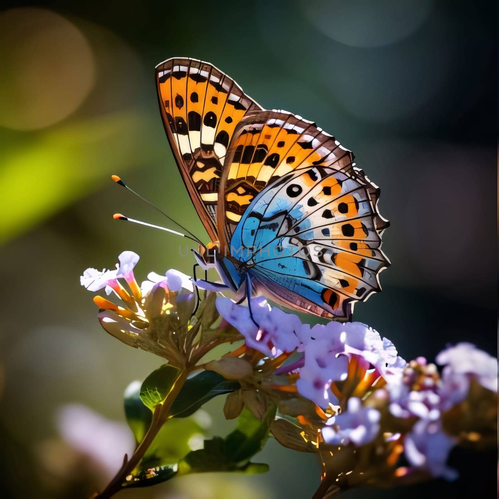 Beautiful spring illustration: Butterfly on a flower in the garden. Colorful butterfly.