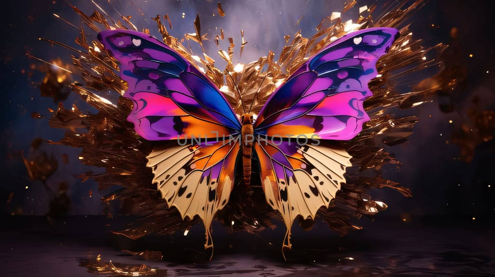 Beautiful spring illustration: Butterfly with Christmas lights in the background. 3d illustration.