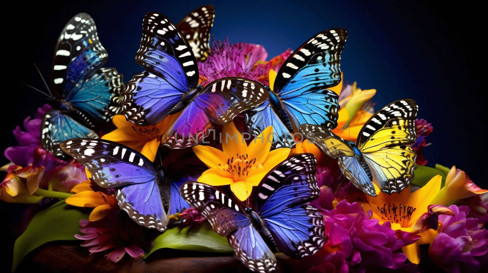 Beautiful spring illustration: Butterflies on a bouquet of flowers on a dark background