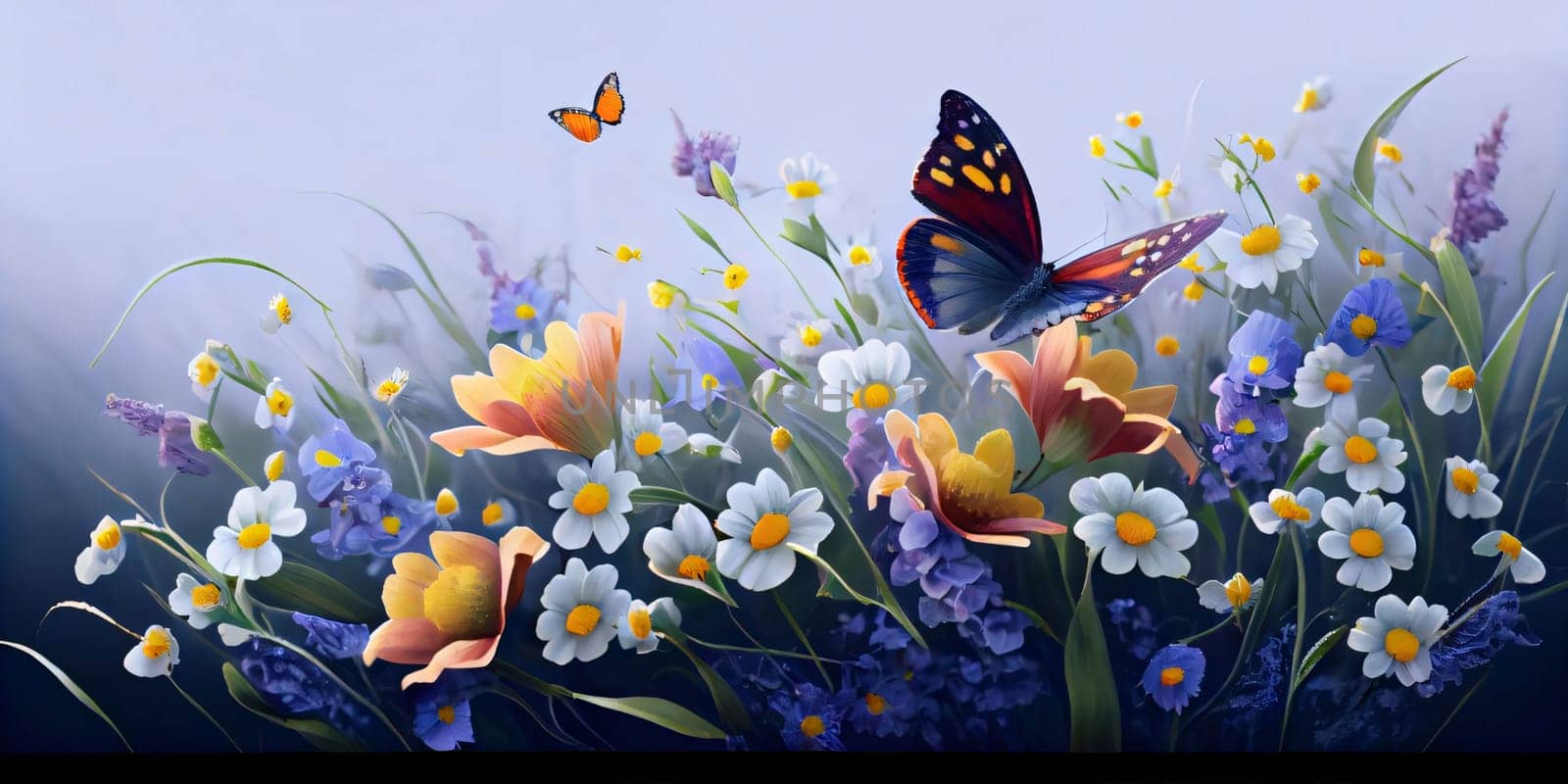 Beautiful spring illustration: Spring background with daisies, forget-me-nots and butterfly