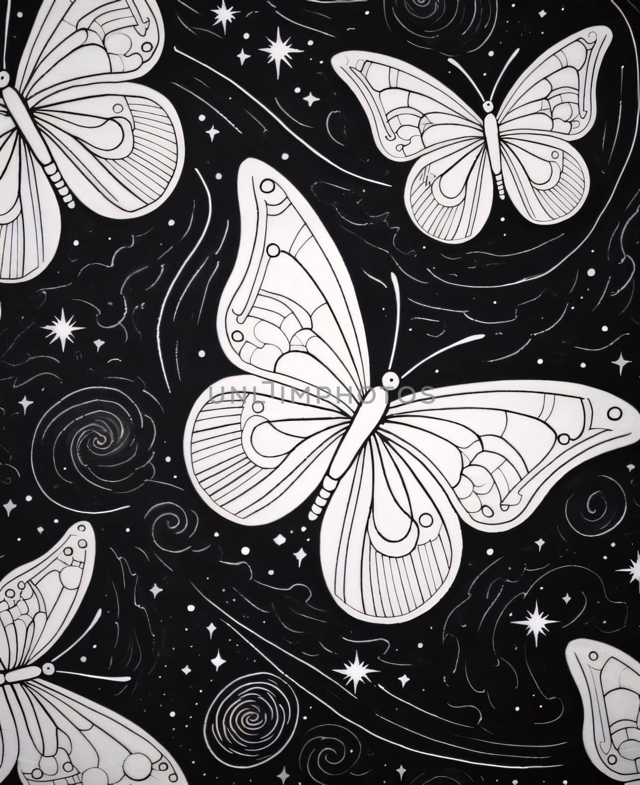 Beautiful spring illustration: Butterflies and stars on a black background. Vector illustration.