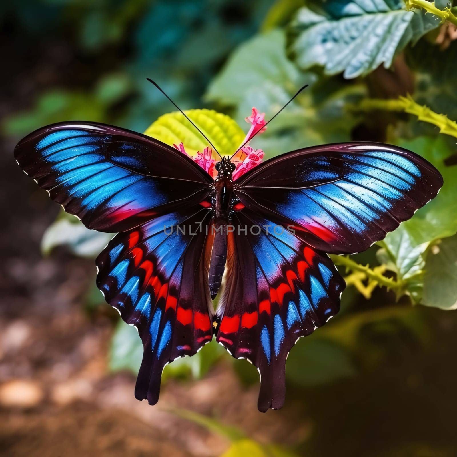 Beautiful spring illustration: Butterfly on a flower in the garden. Colorful butterfly.
