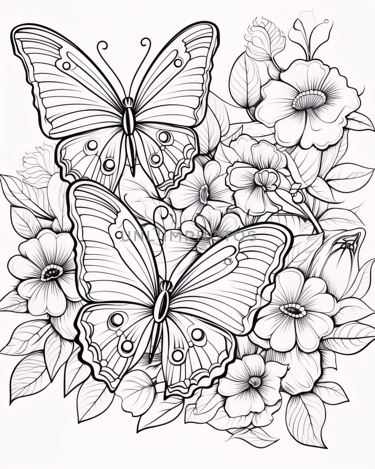 Beautiful spring illustration: Butterflies and flowers. Black and white illustration for coloring book.