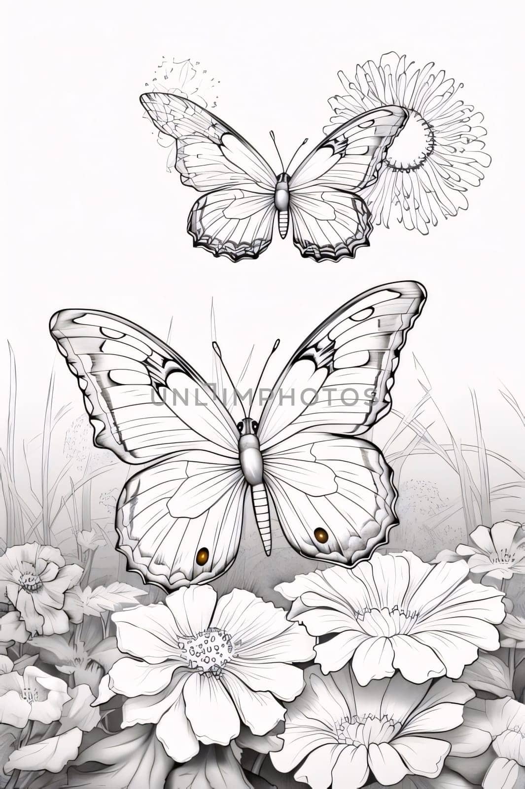 Beautiful spring illustration: Butterflies and flowers on a white background. Vector illustration.