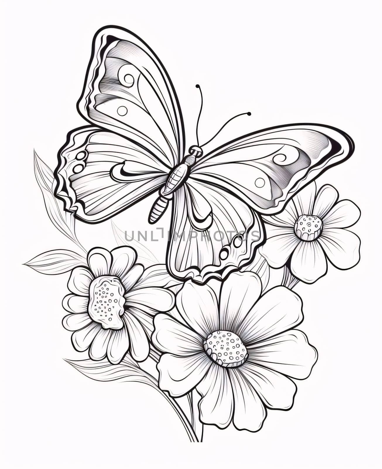 Abstract illustration: Butterfly with flowers. Black and white illustration. Vector.