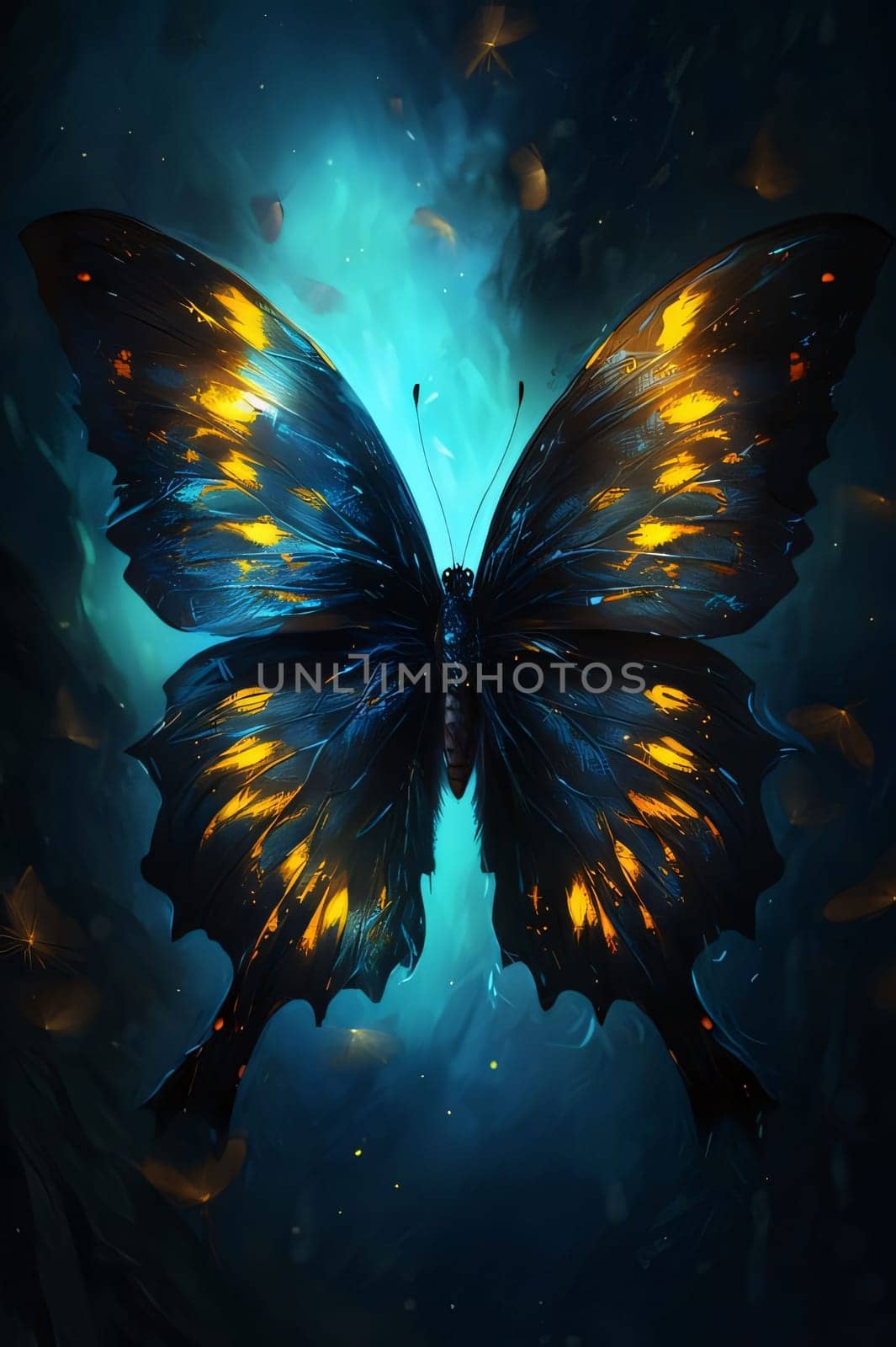 Beautiful spring illustration: Beautiful butterfly on a dark blue background. 3d rendering.