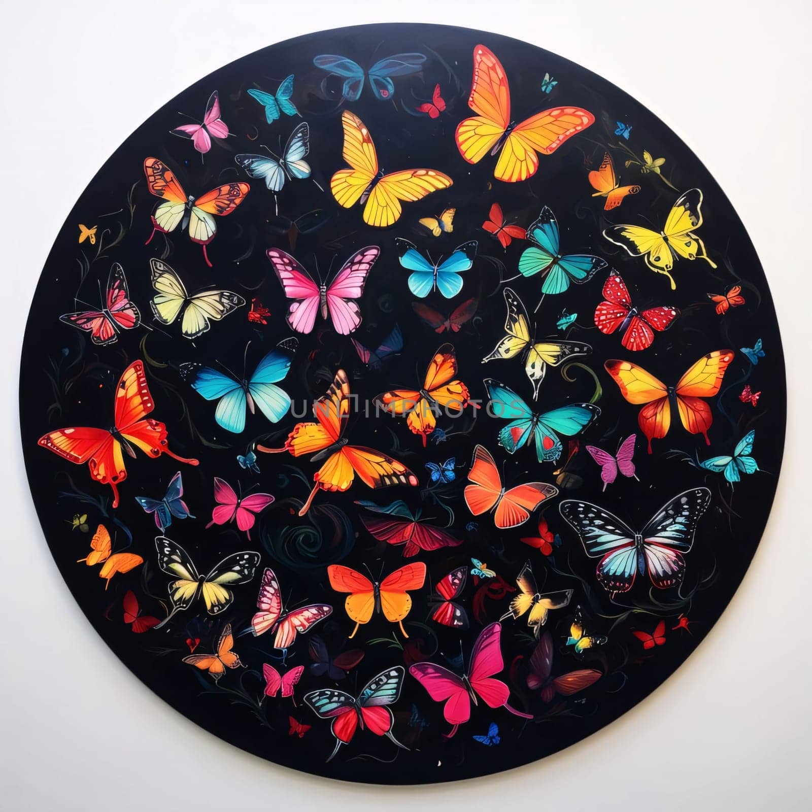 Abstract illustration: Butterflies on a black plate in the form of a circle
