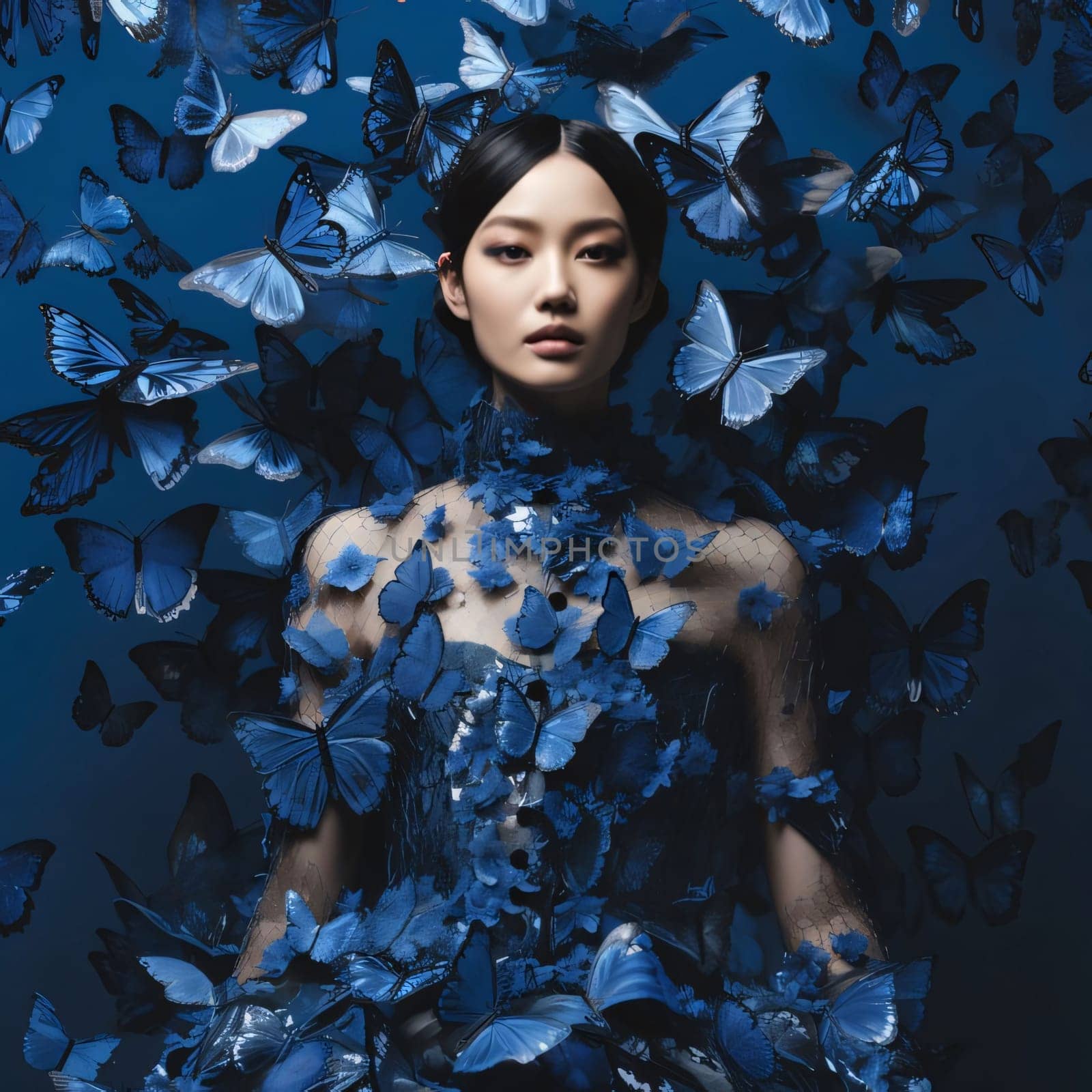 Beautiful spring illustration: Beautiful asian woman surrounded by blue butterflies. Fashion shot.