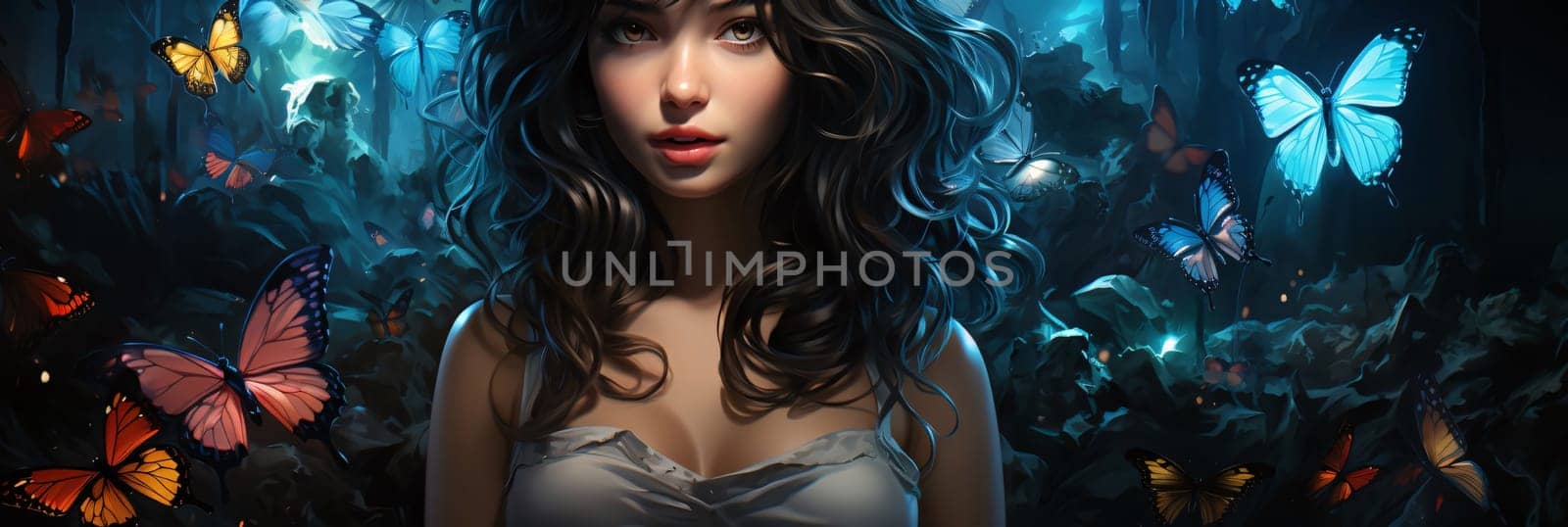 Beautiful spring illustration: Beautiful brunette woman with butterflies in her hair.3d rendering