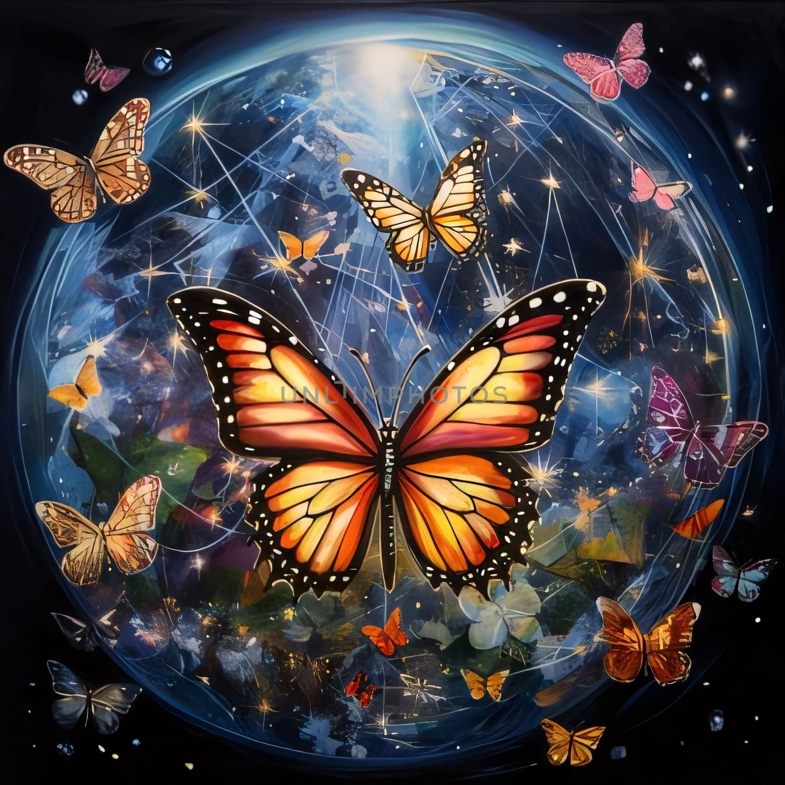 Beautiful spring illustration: Beautiful butterfly on the background of the planet. Colorful illustration.