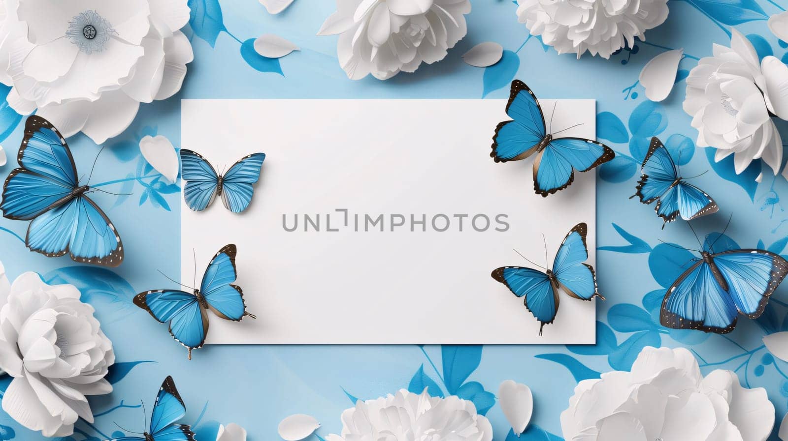 Abstract illustration: White paper card with butterflies and white flowers on blue background, top view